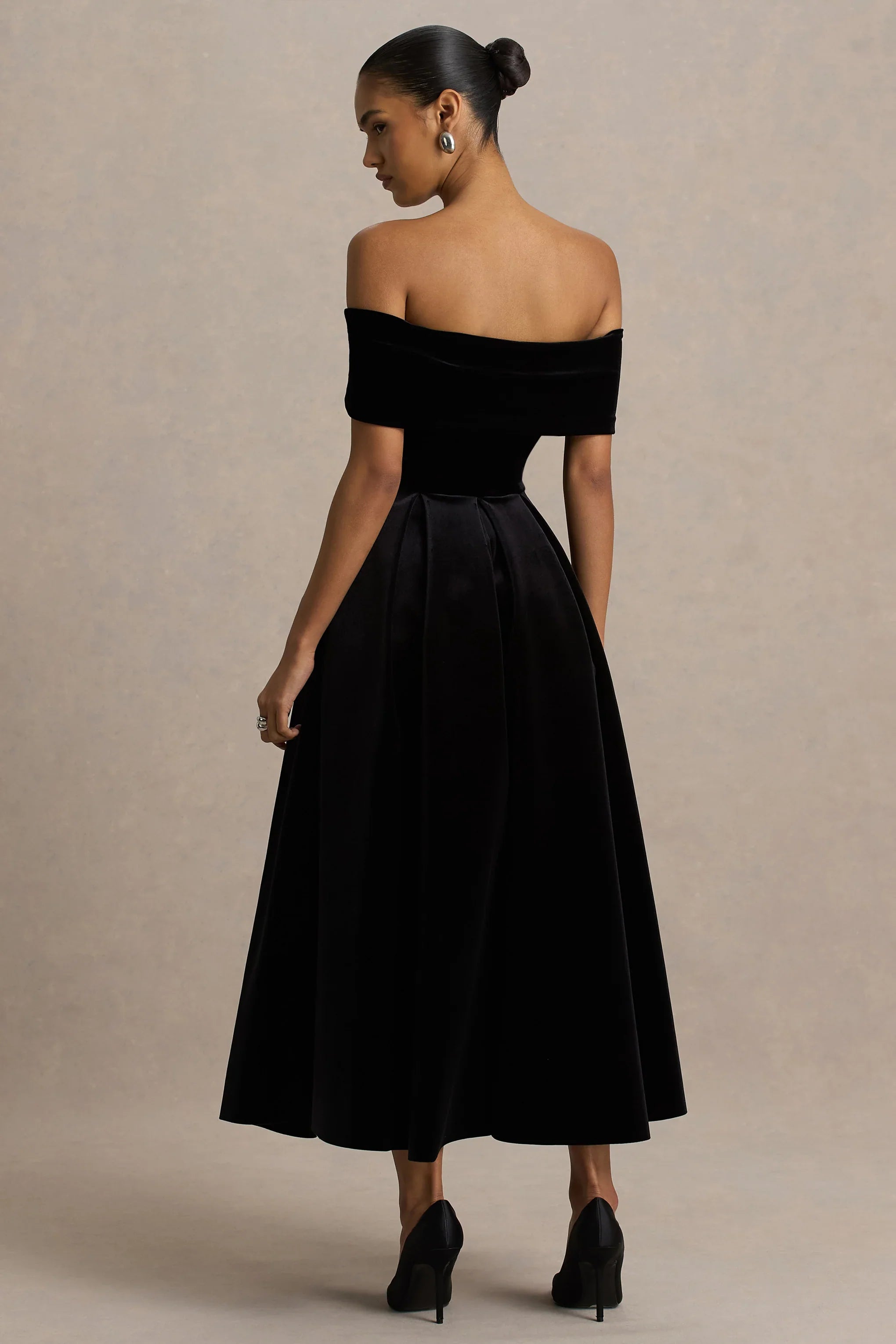 Ablaze Black Velvet Bardot Neck Midi Dress