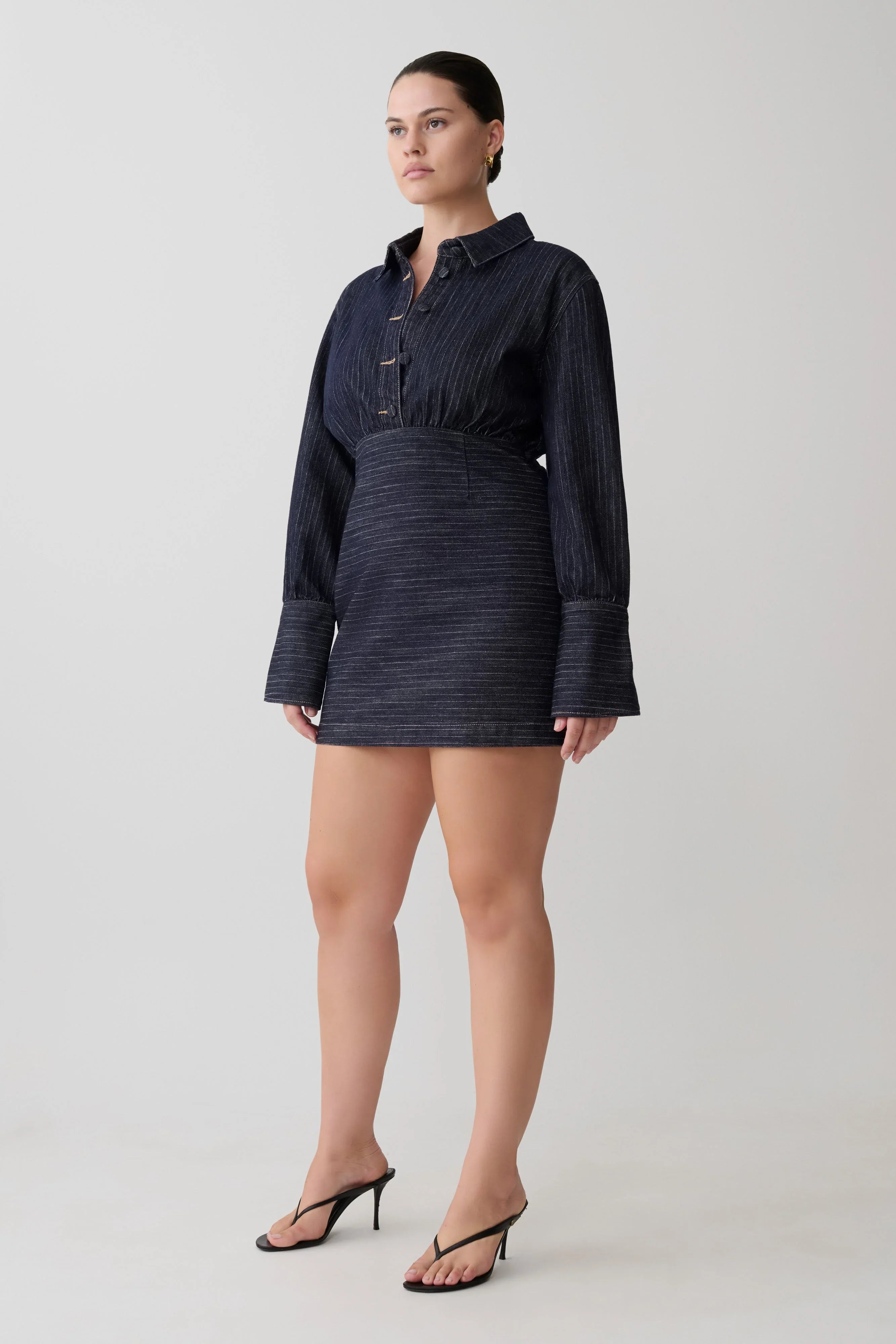 Zarah Denim Long Sleeve Mini Dress Indigo Pinstripe