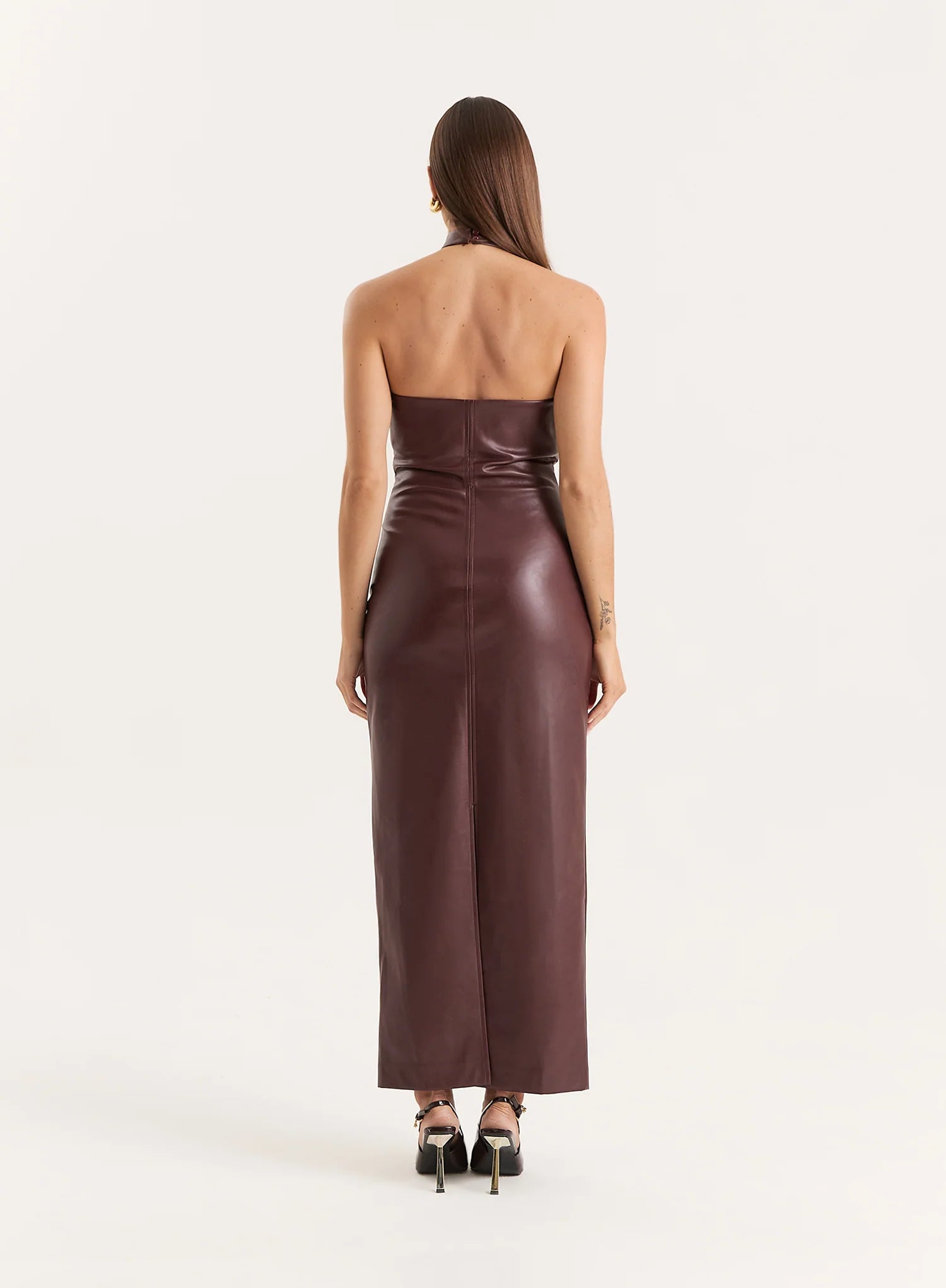 Burgundy Faux Leather Halterneck Maxi Dress