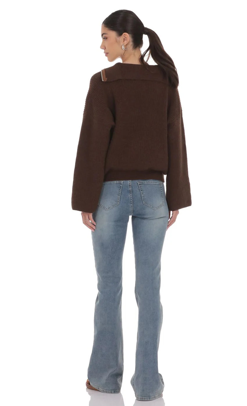 Knit Quarter Zip Jumper in Brown