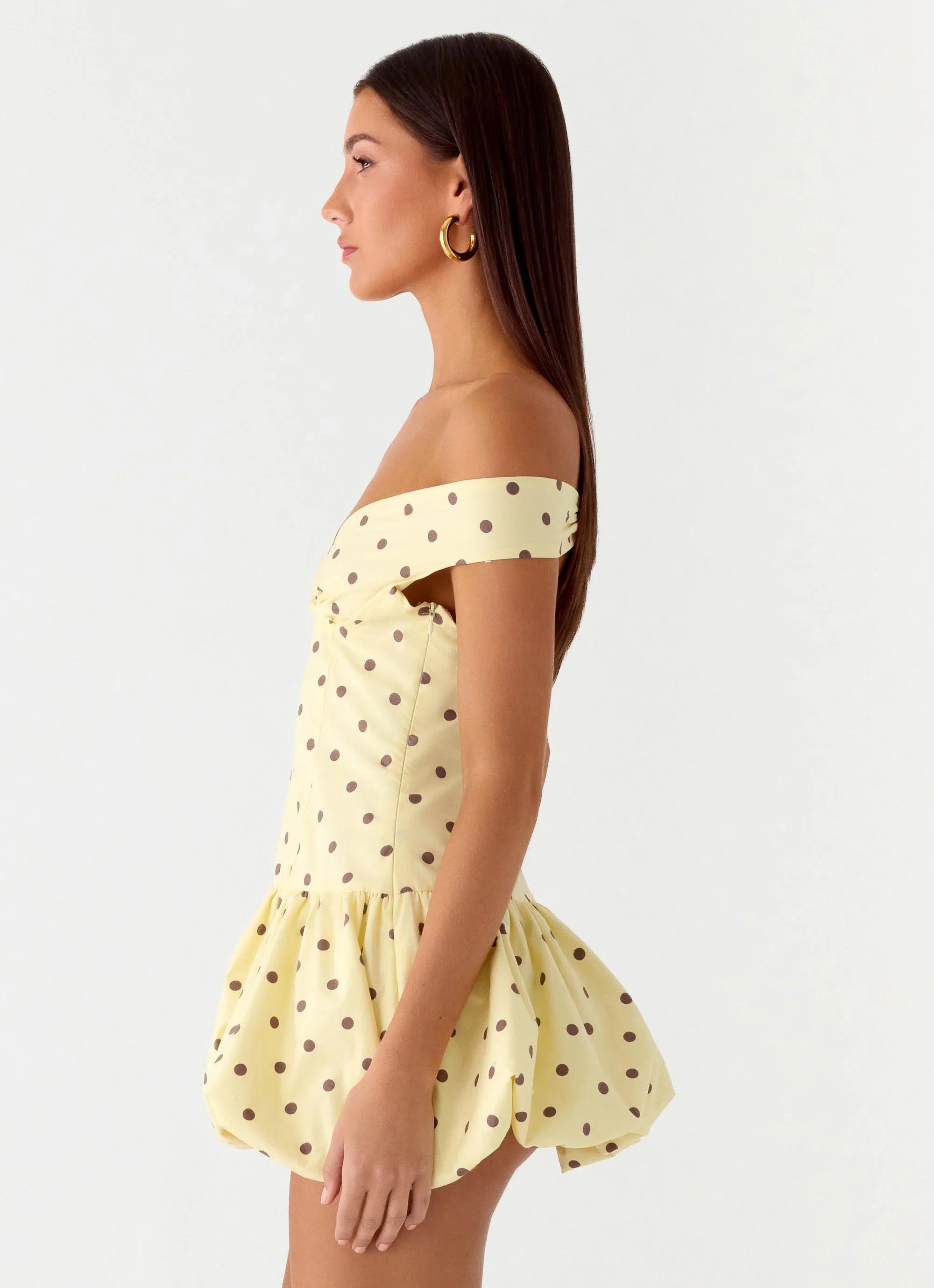 Endless Romance Off Shoulder Mini Dress Yellow Polkadot