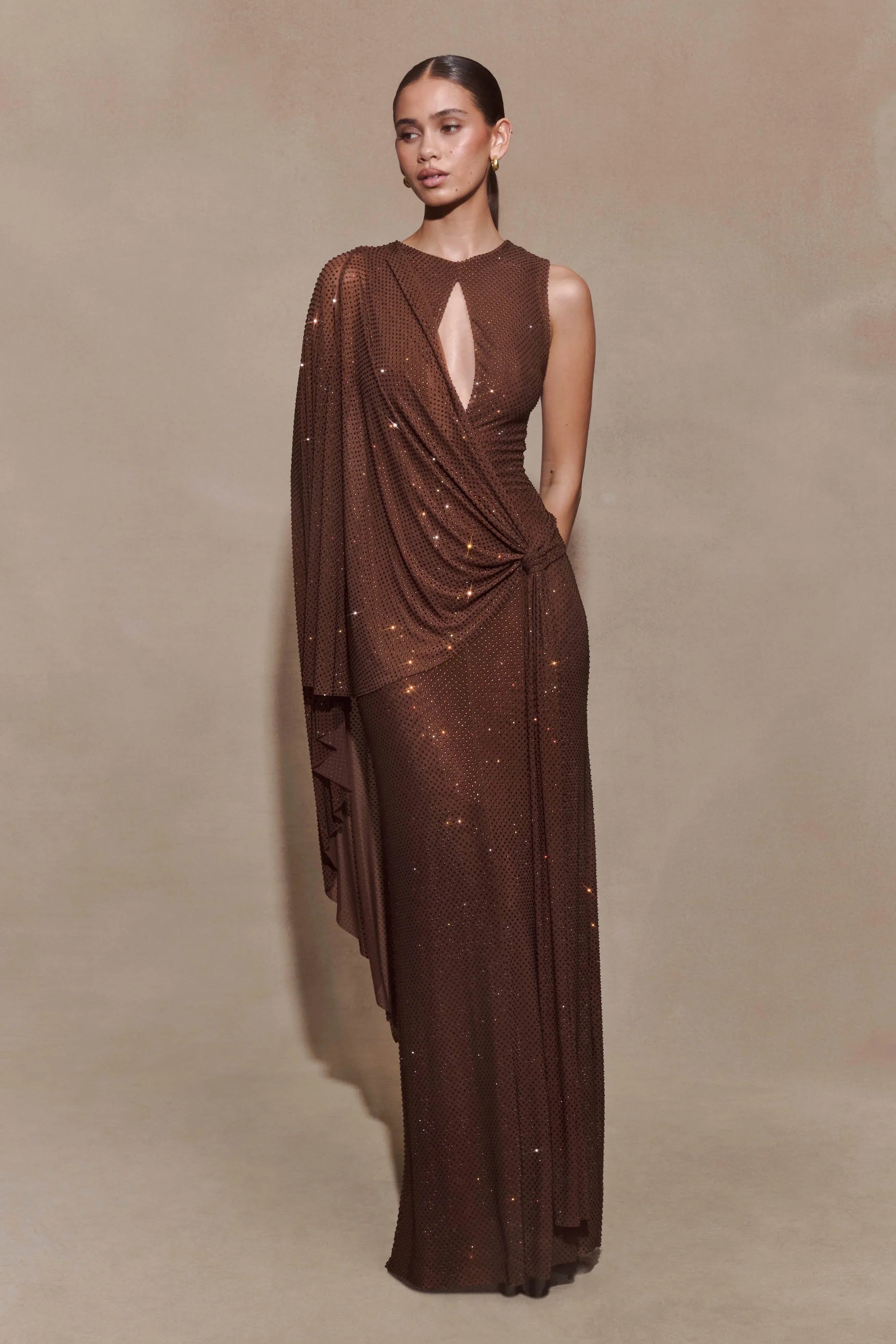 Bakari Diamante Cape Maxi Dress Chocolate