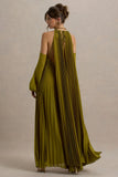 Reyna Olive Pleated Chiffon Cold Shoulder Maxi Dress