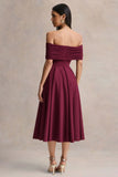 Dearest Burgundy Bardot Neck Midi Dress