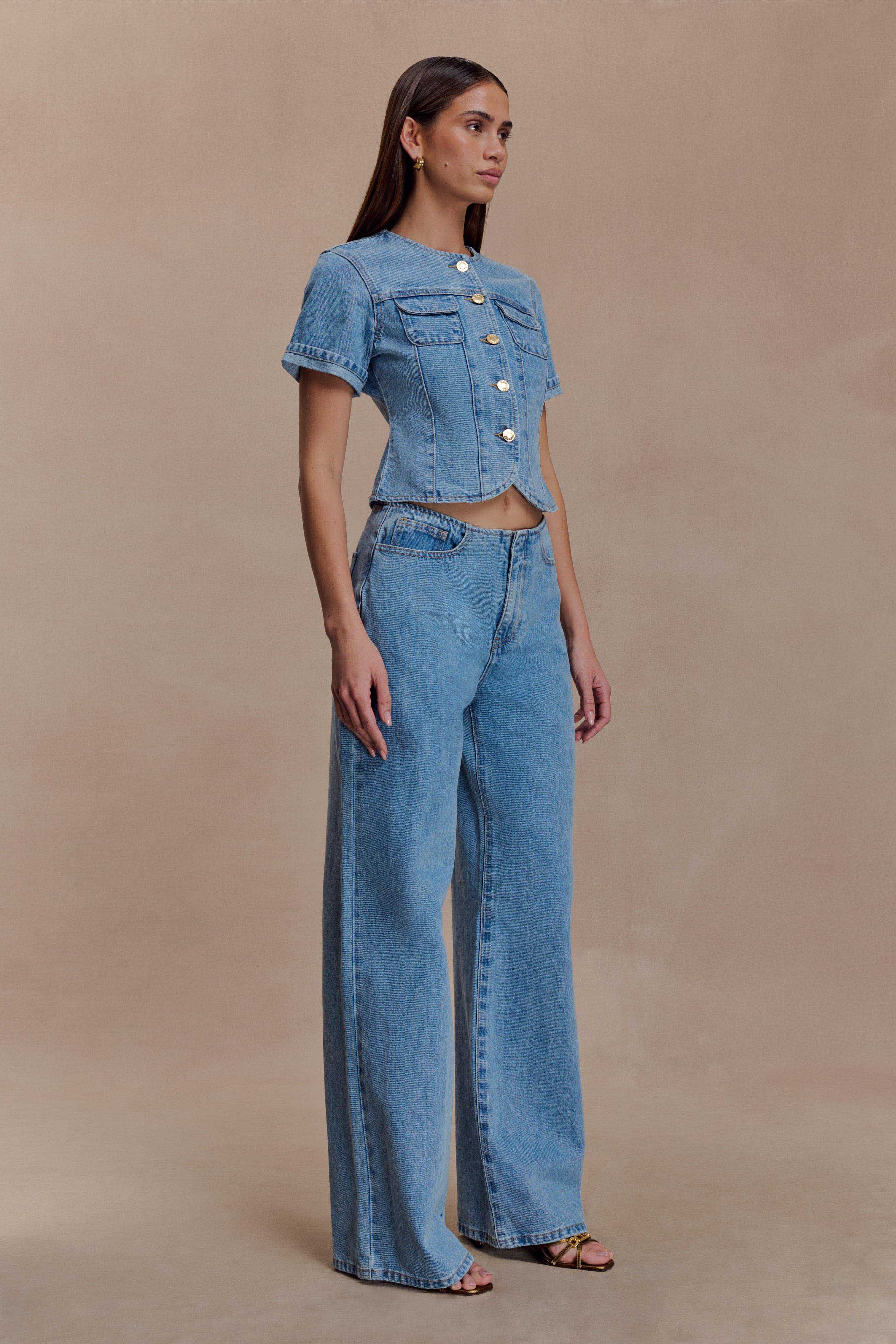 Marge Fitted Denim Short Sleeve Top Classic Blue