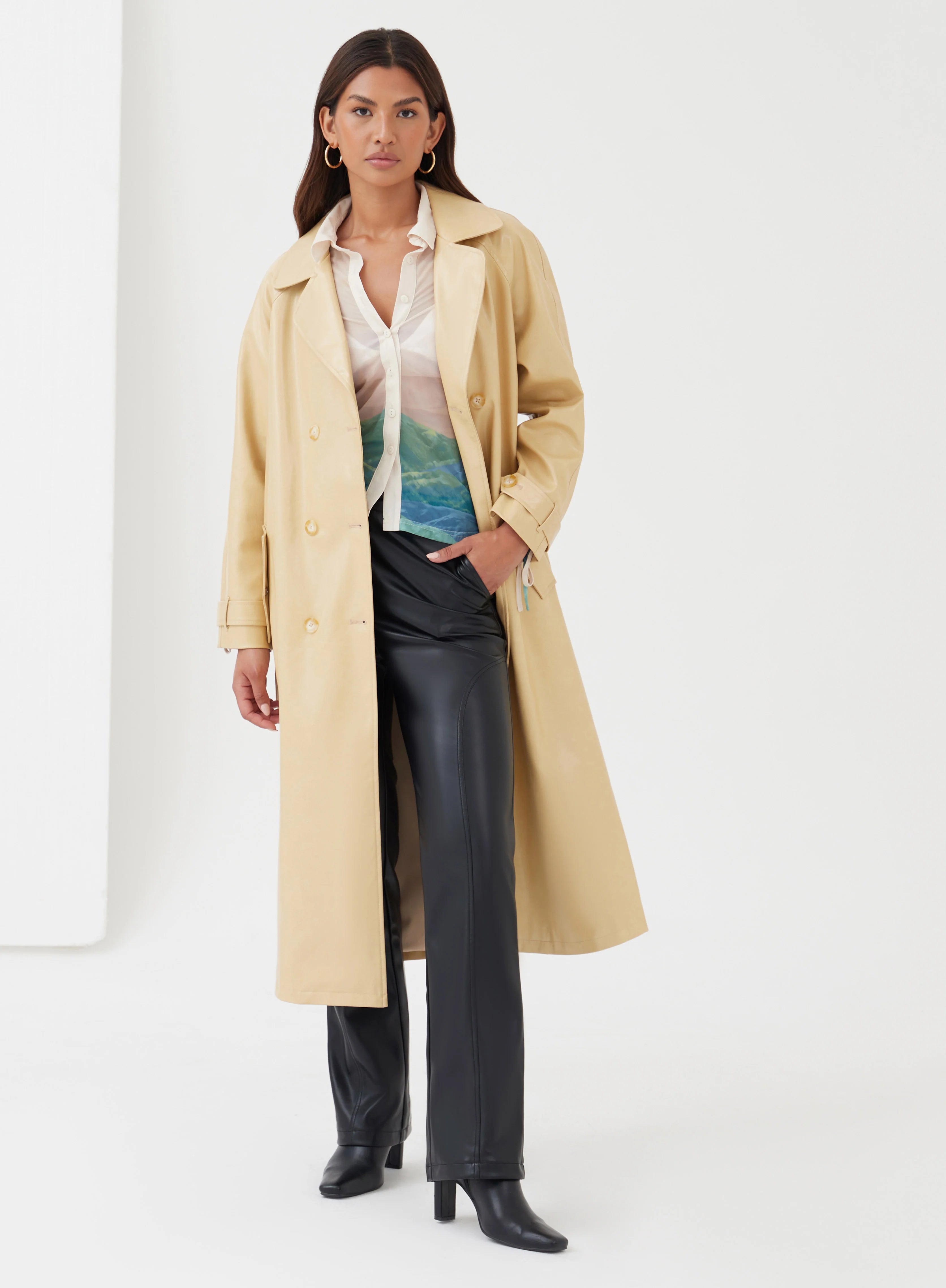 Butter Longline Belted Faux Leather Coat