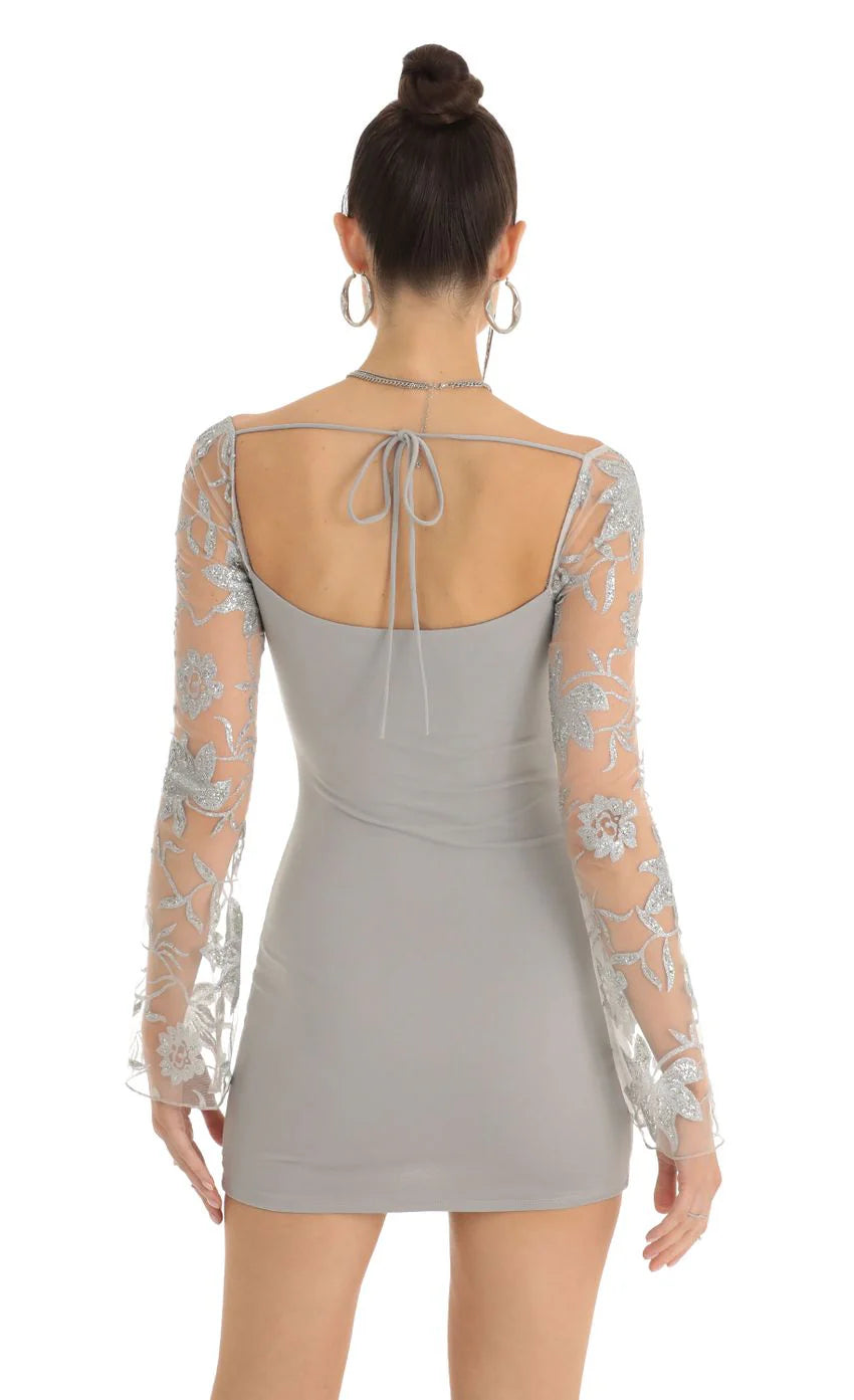 Floral Glitter Long Sleeve Bodycon Dress in Grey