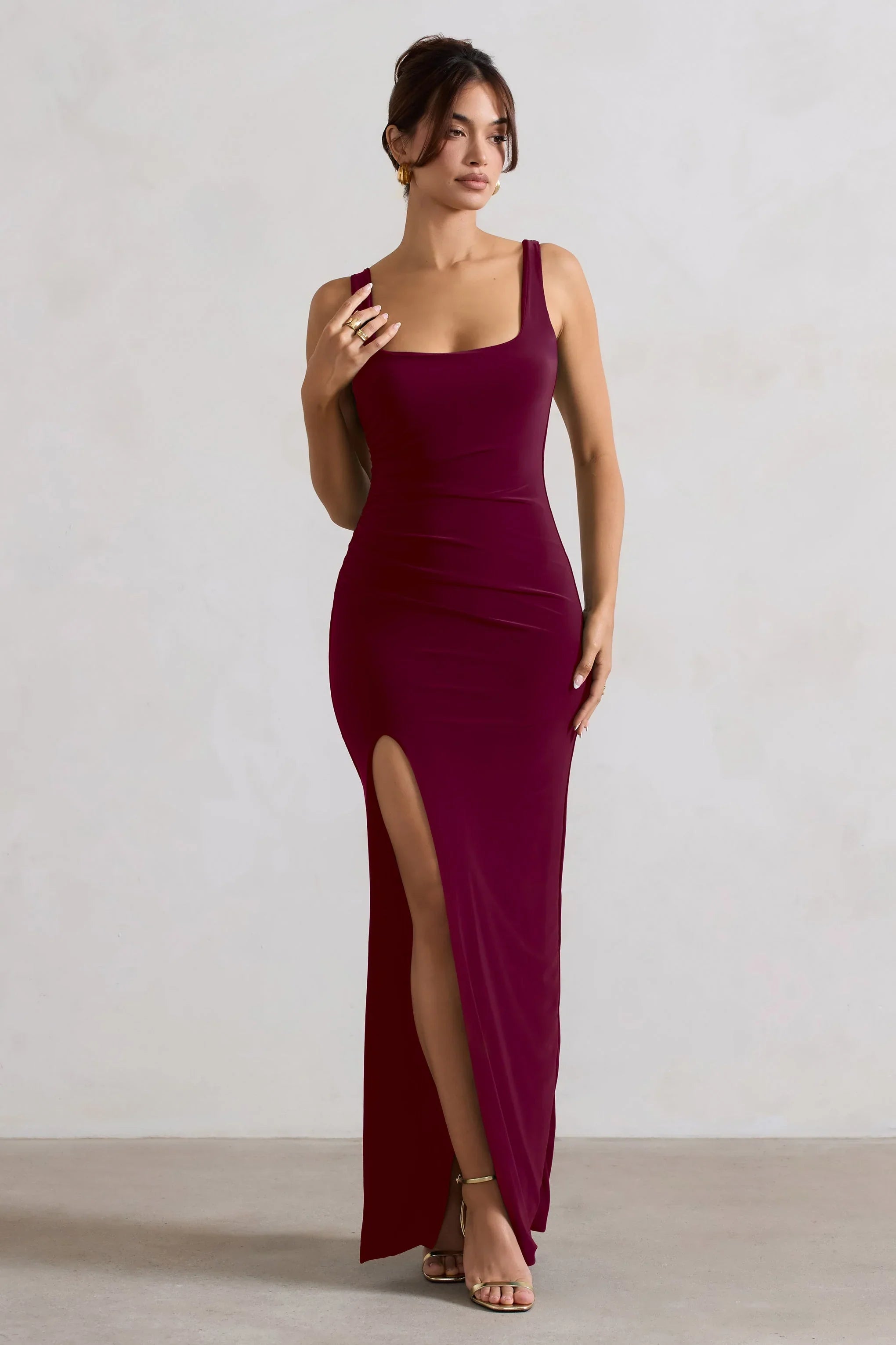 Kate Berry Square Neck Maxi Dress with Plunge Back and Side Thigh Split