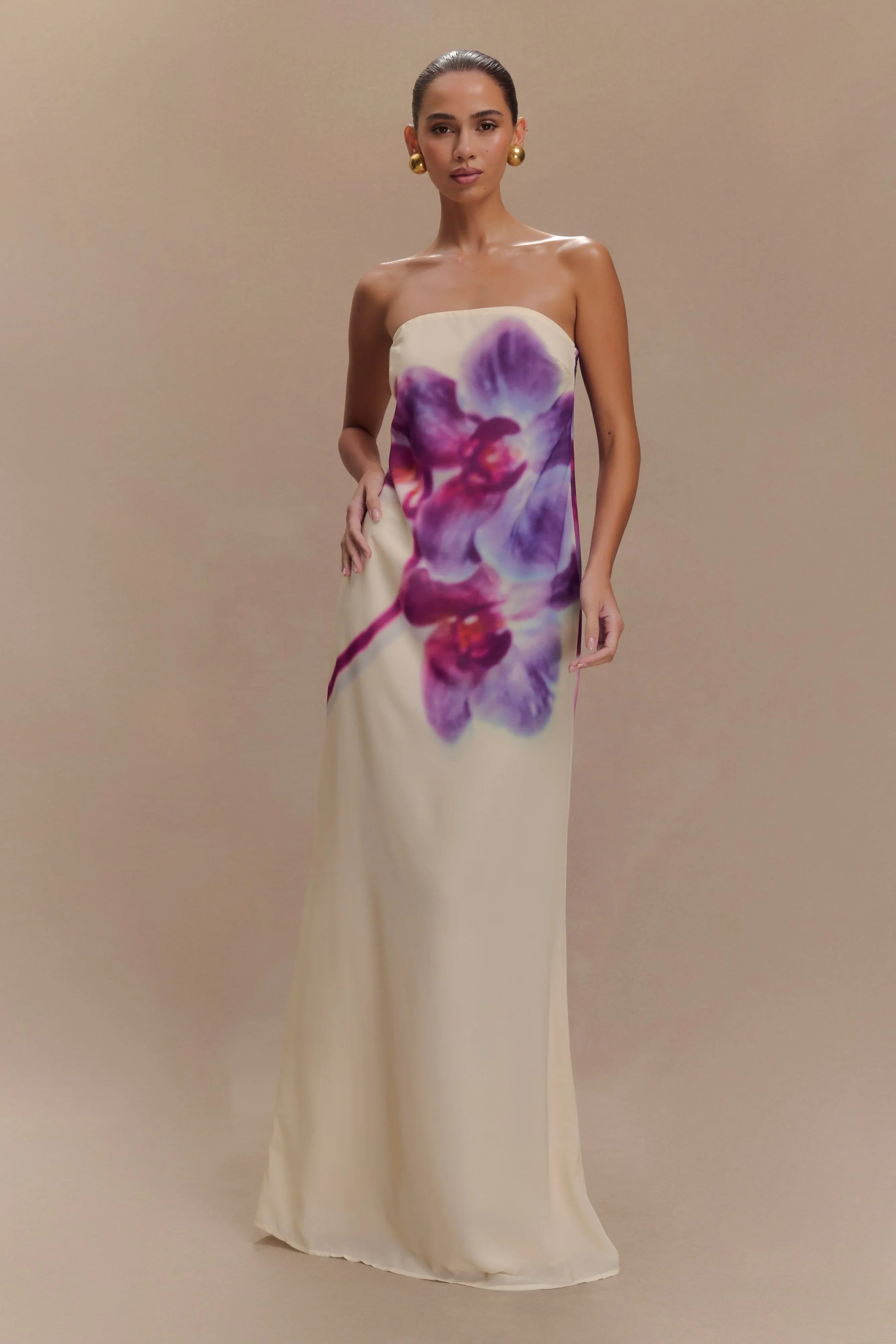 Amaya Strapless Chiffon Maxi Dress Ivory Koi Orchid Print