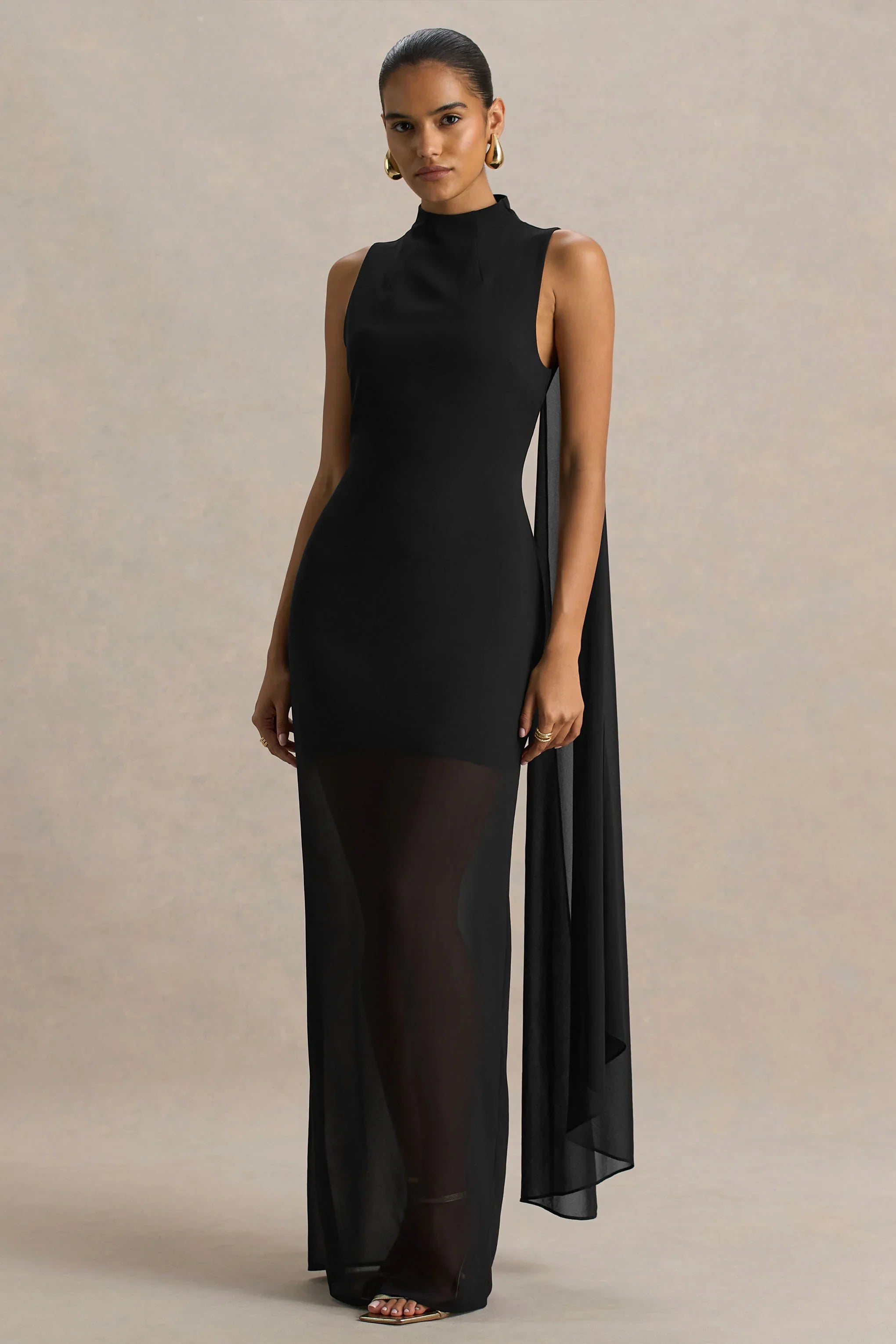 Unpredictable Black High Neck Maxi Dress With Back Cape Detail