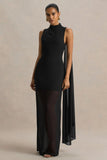 Unpredictable Black High Neck Maxi Dress With Back Cape Detail