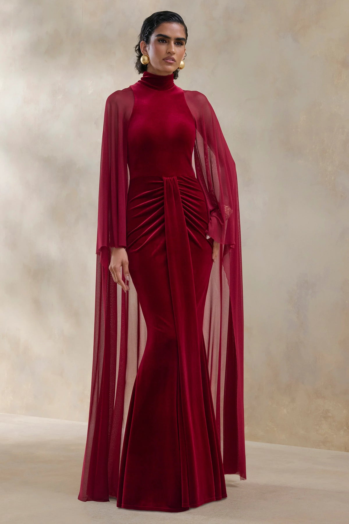 Adoring Burgundy Velvet High Neck Maxi Dress With Cape
