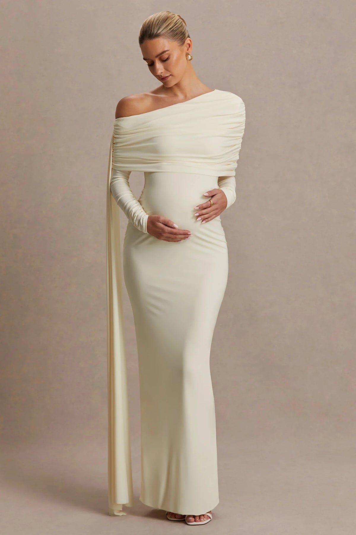 Cyra Cream Asymmetric Neck Maternity Maxi Dress With Sash