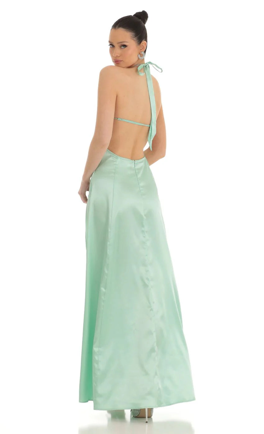 Rhinestone Halter Maxi Dress in Green