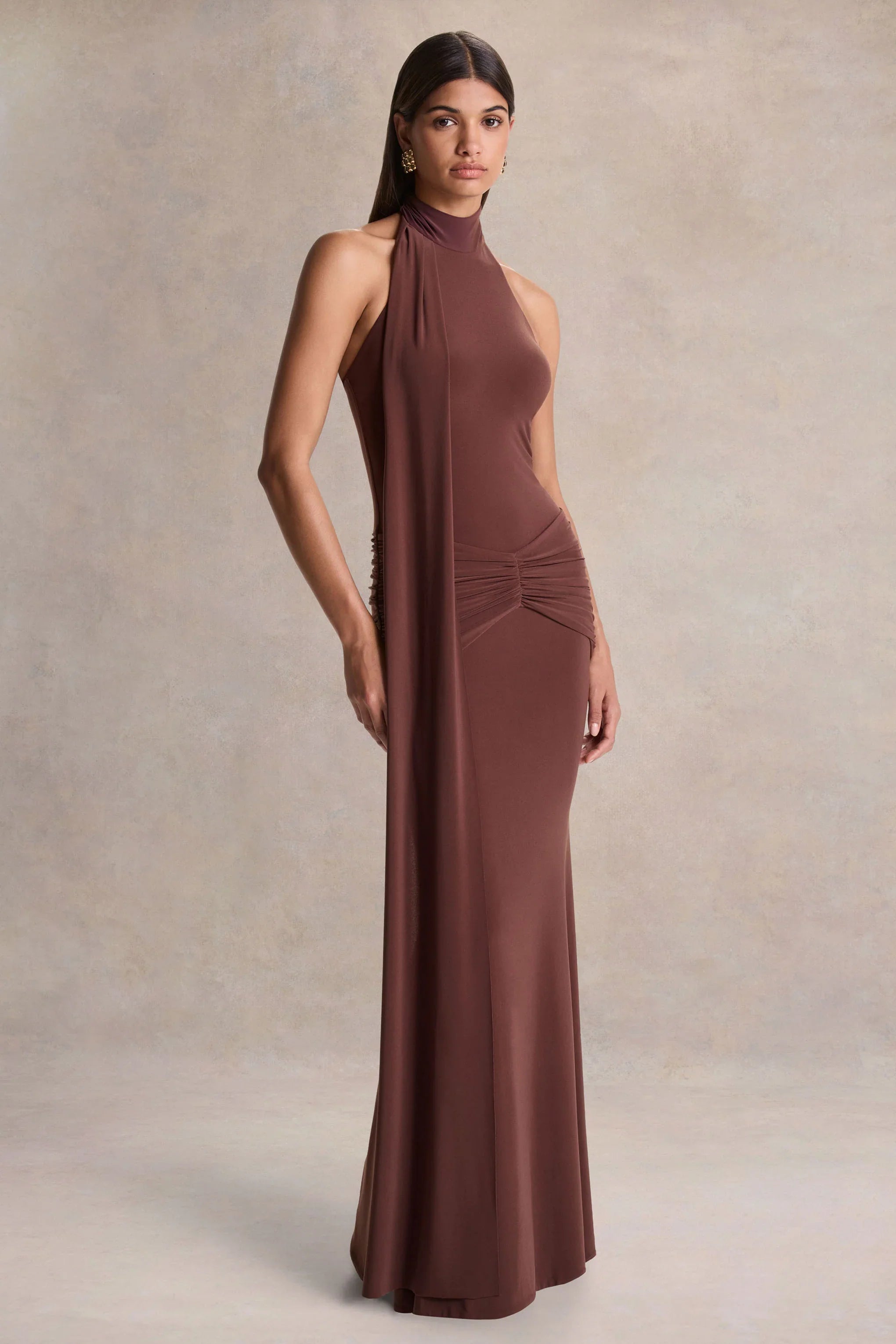 Hyla Brown High Neck Maxi Dress With Sash Detail
