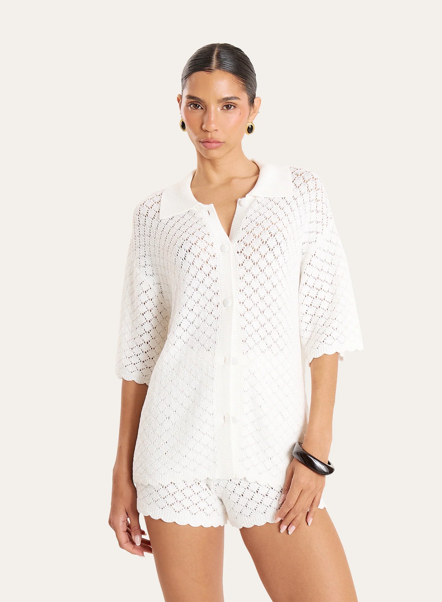 White Crochet Short Sleeve Shirt