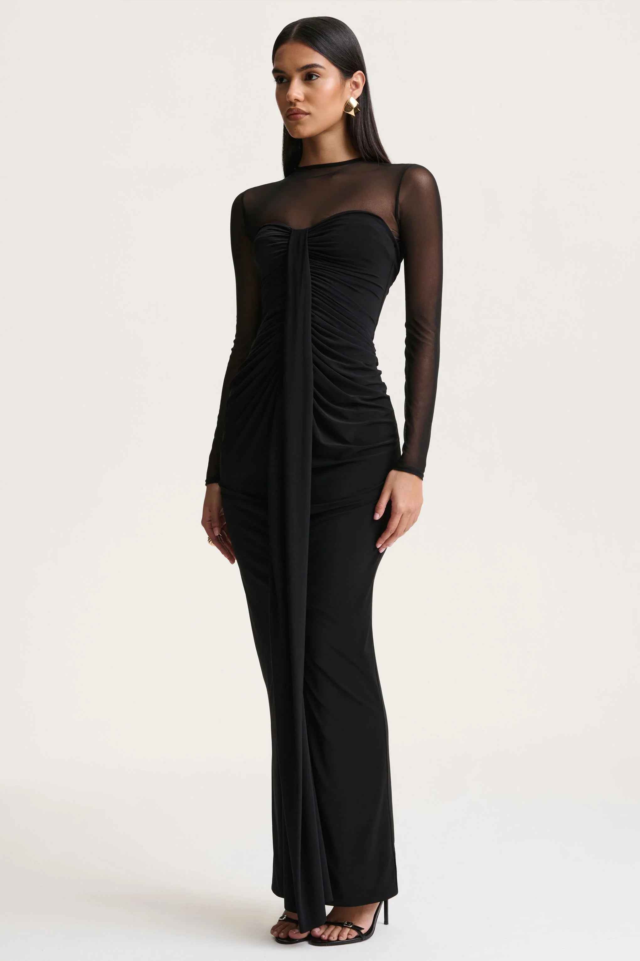 Cadenza Black Crew Neck Maxi Dress With Mesh And Gathered Detailing