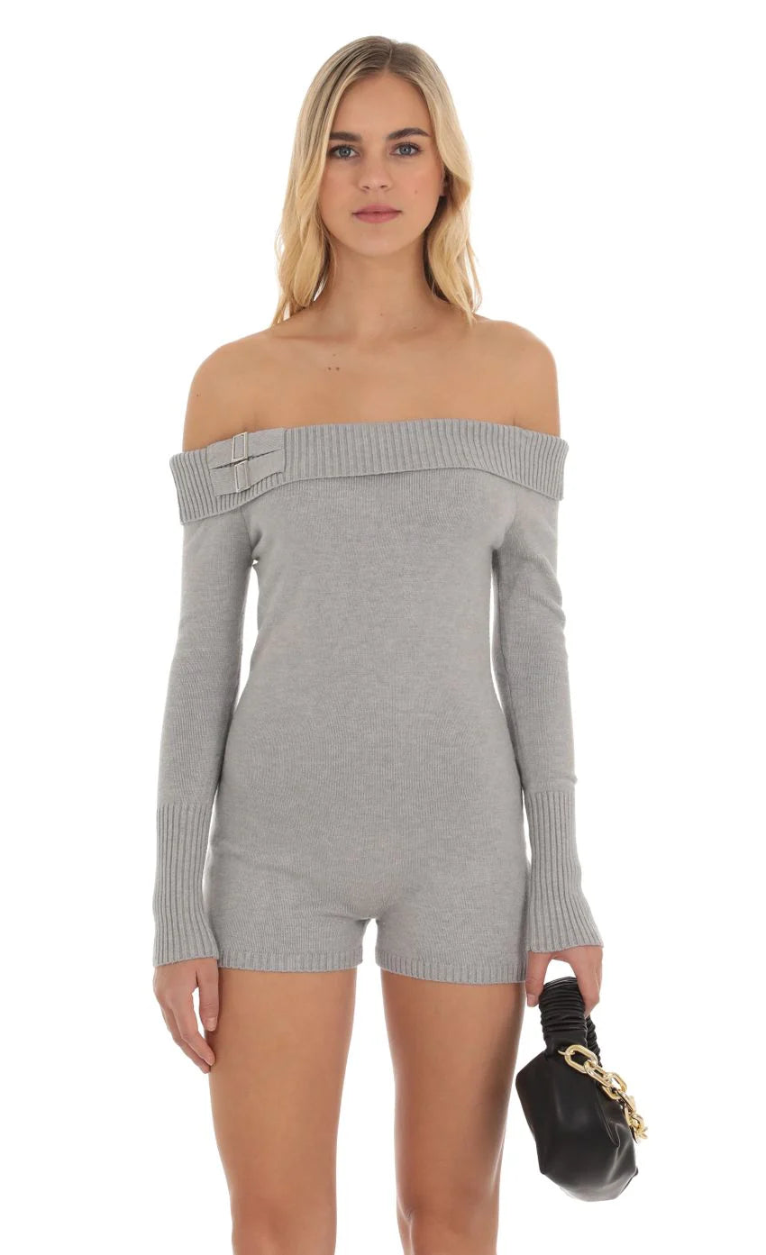 Knit Off Shoulder Romper in Grey