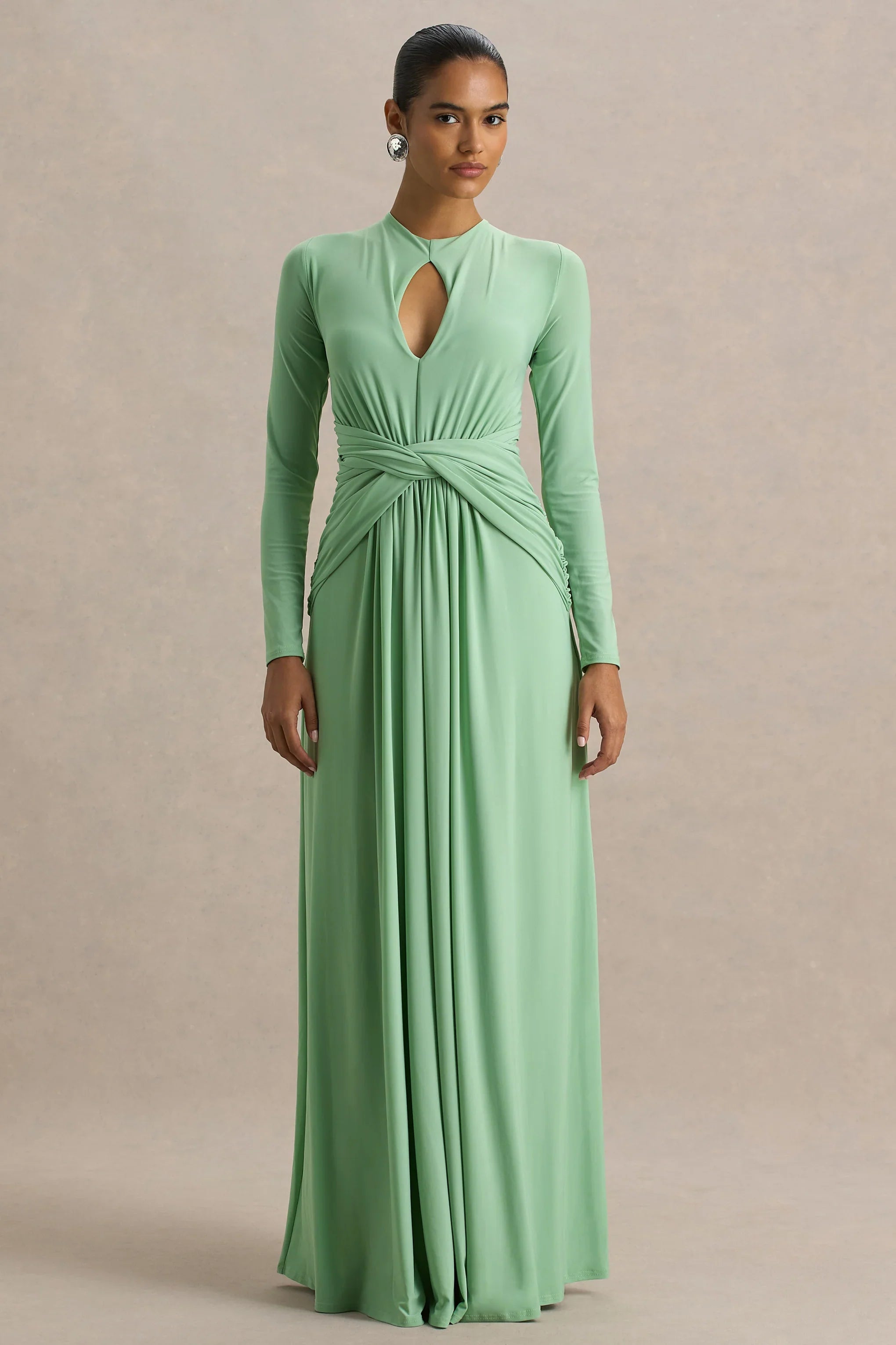 With Me Green High Neck Maxi Dress With Ruched Detailing