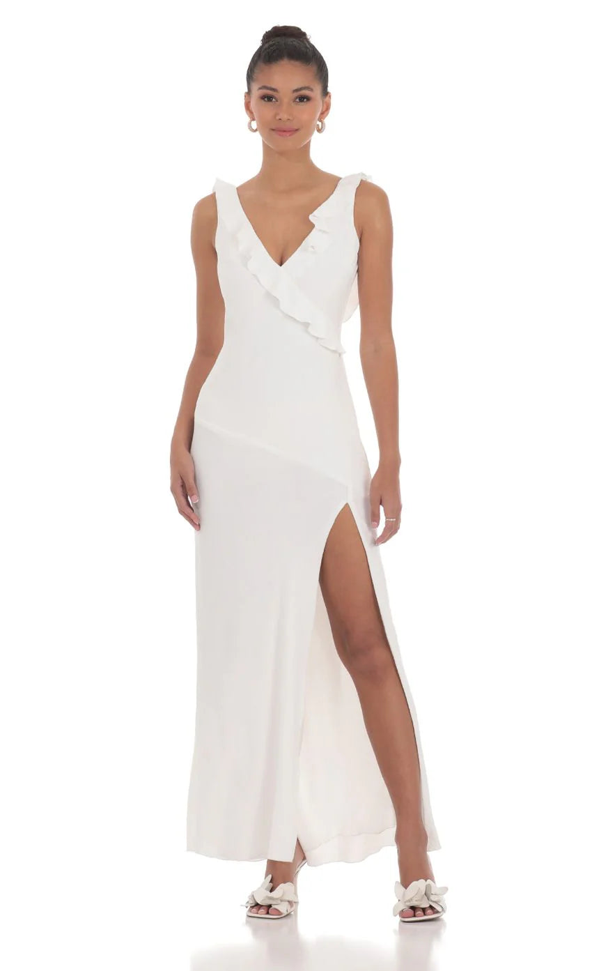 V Neck Open Back Maxi Dress in White