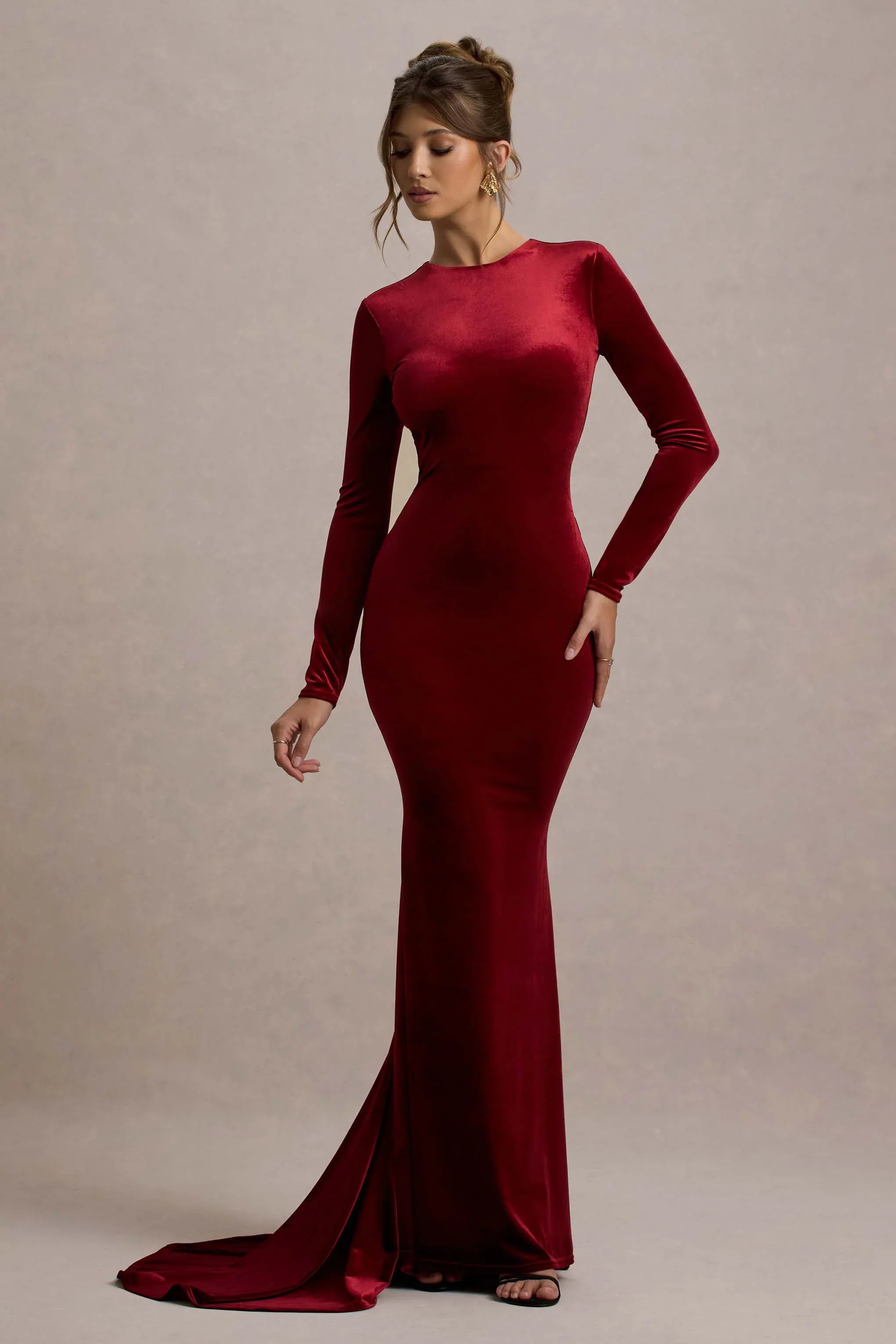 Keaton Berry Velvet Long Sleeve Open Back Maxi Dress