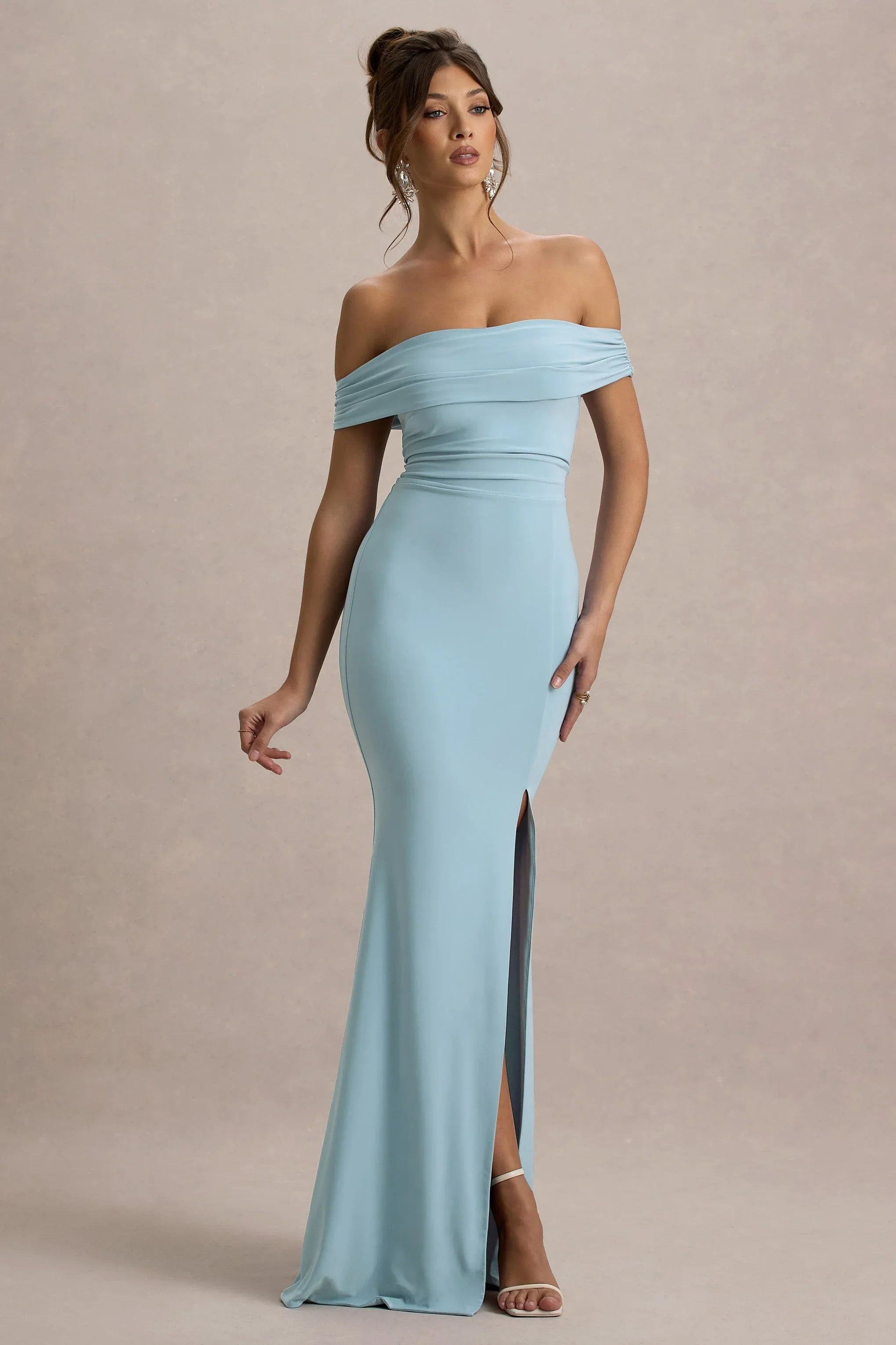 Law of Attraction Powder Blue Bardot Draped Split Maxi Dress