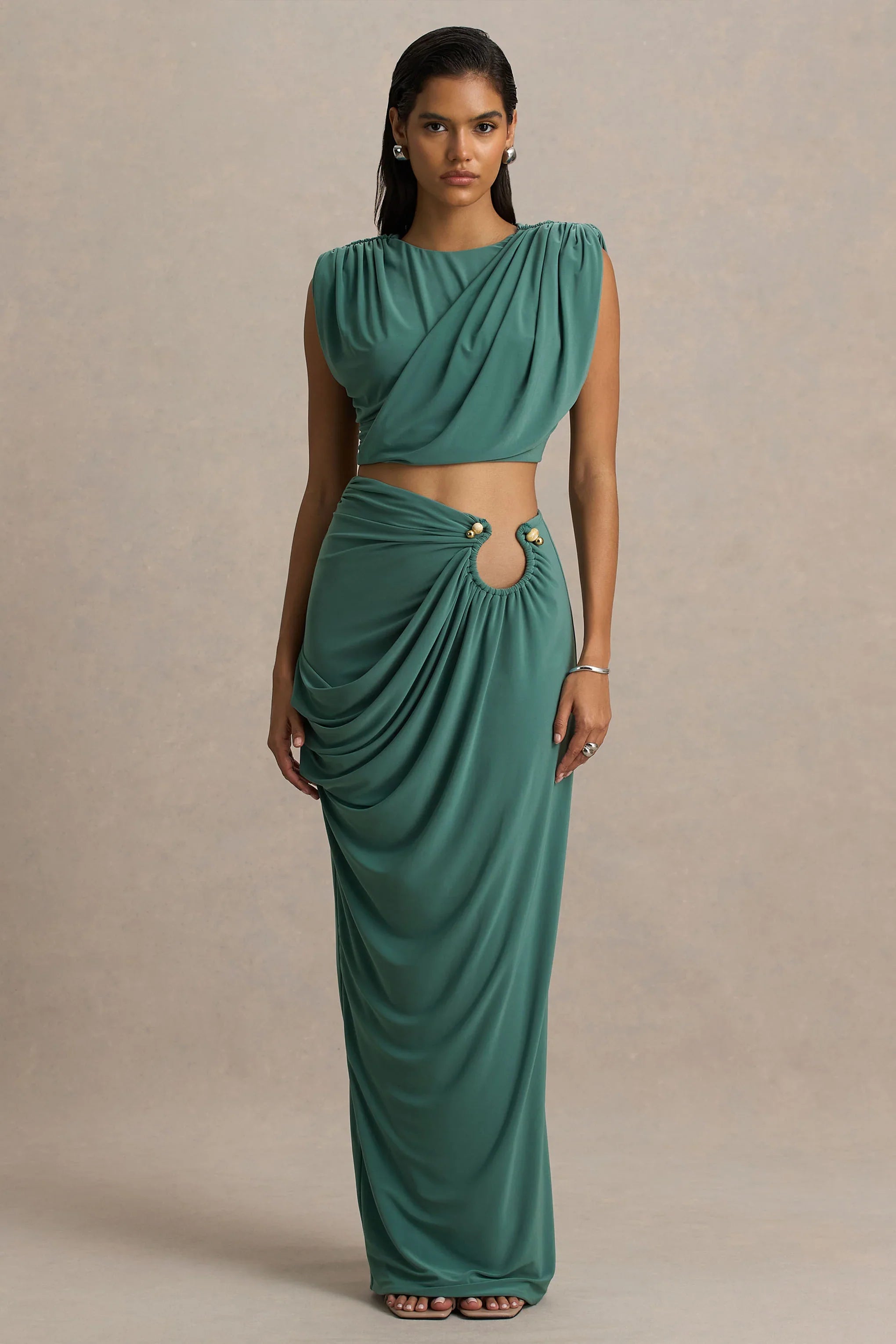 Avaline Green Wrap Maxi Skirt With Ruched Detailing