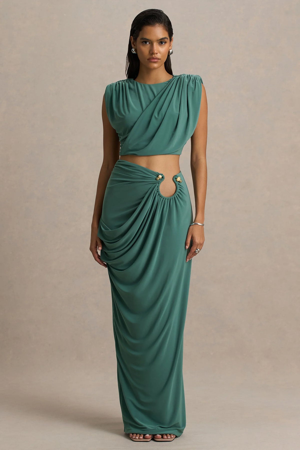 Avaline Green Wrap Maxi Skirt With Ruched Detailing