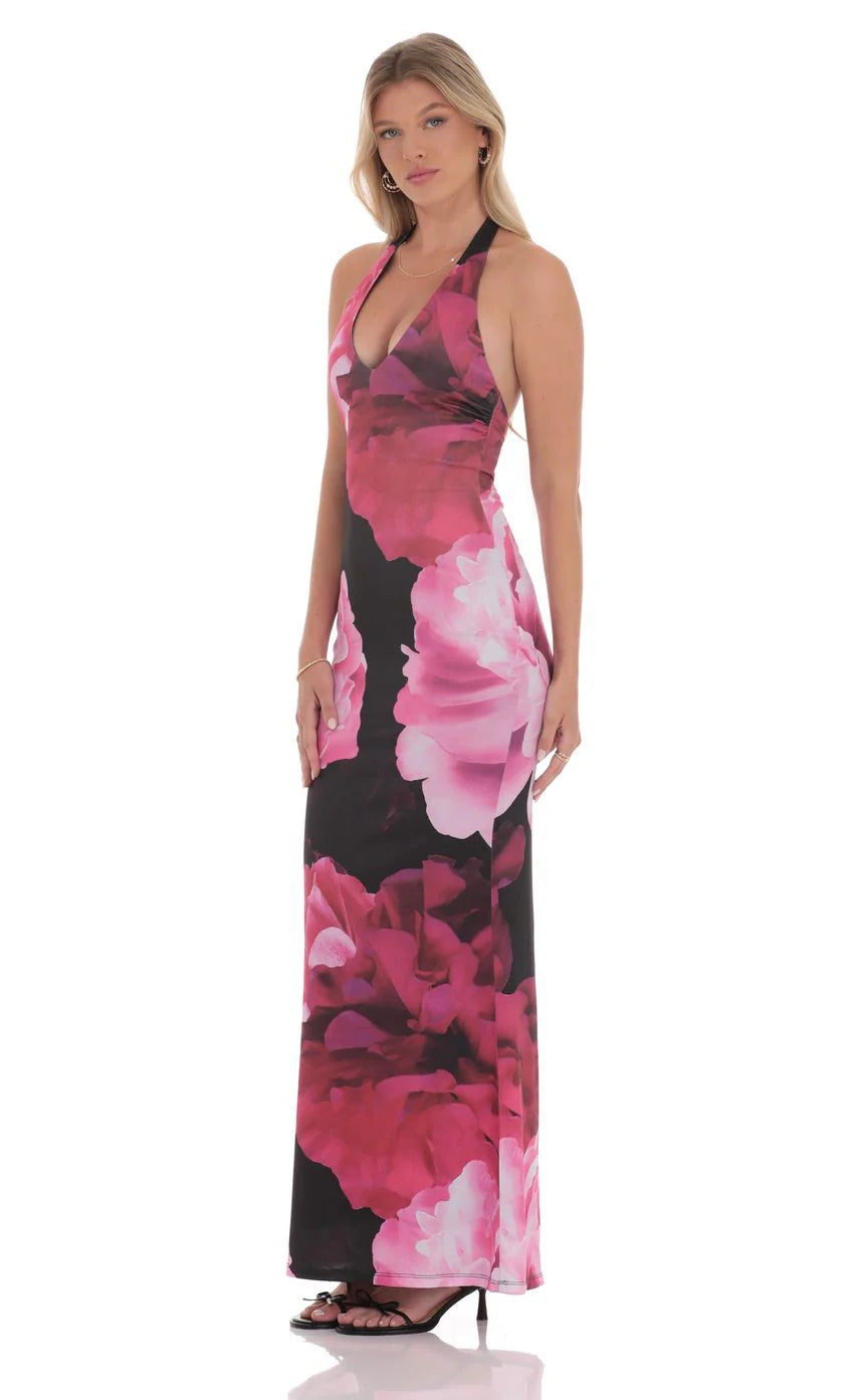 Pink Floral Halter Maxi Dress in Black