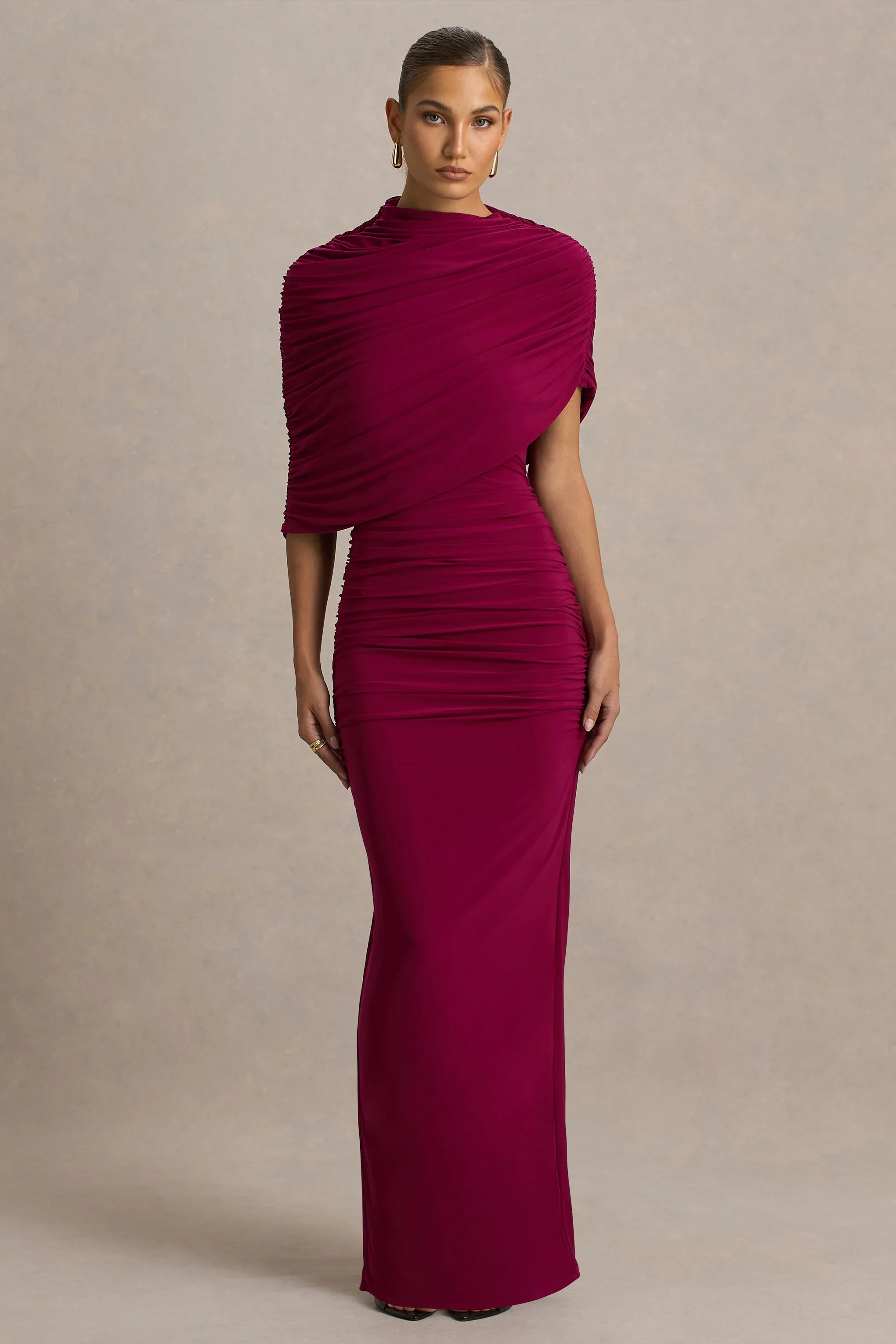 Glitz Burgundy High Neck Maxi Dress With Cape Sleeve and Ruched Detailing