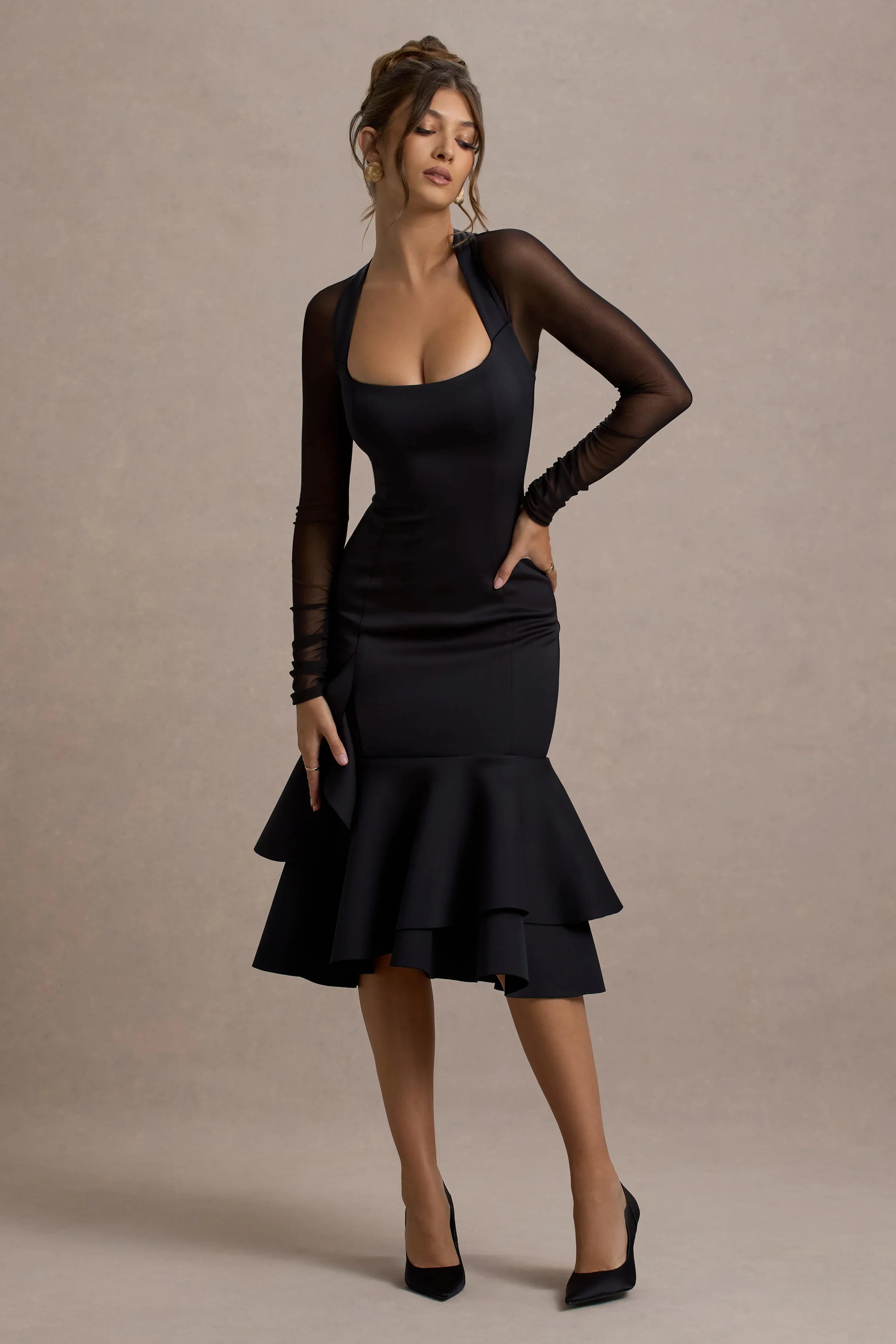 Sander Black Mesh Long Sleeve Ruffle Hem Midi Dress