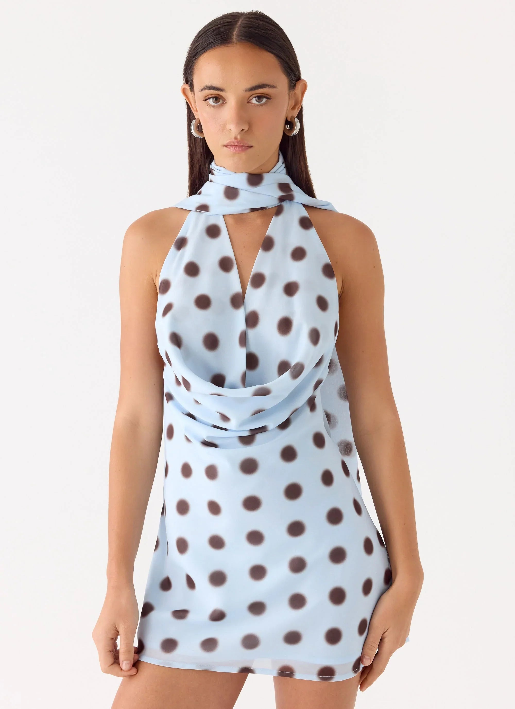 Get Me Halter Mini Dress Blue Mocha Dot