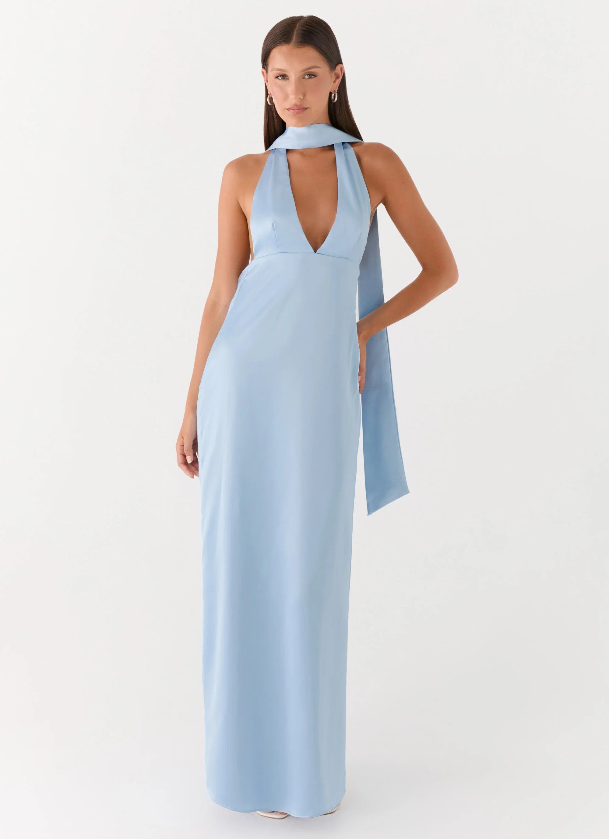 Alicia Satin Halter Maxi Dress Baby Blue