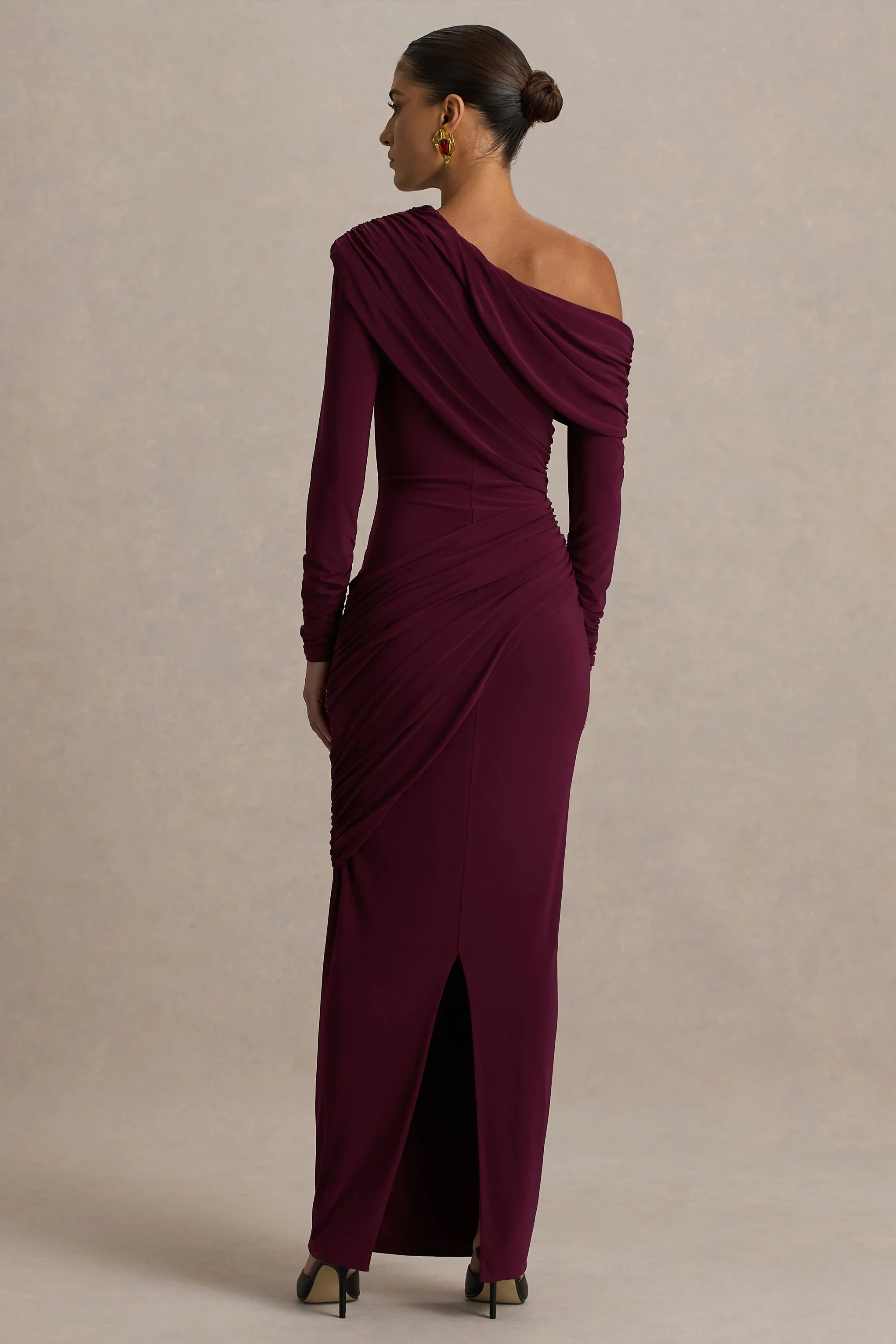 Perrie Burgundy Asymmetric Neck Maxi Dress With Ruched Detailing