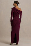 Perrie Burgundy Asymmetric Neck Maxi Dress With Ruched Detailing