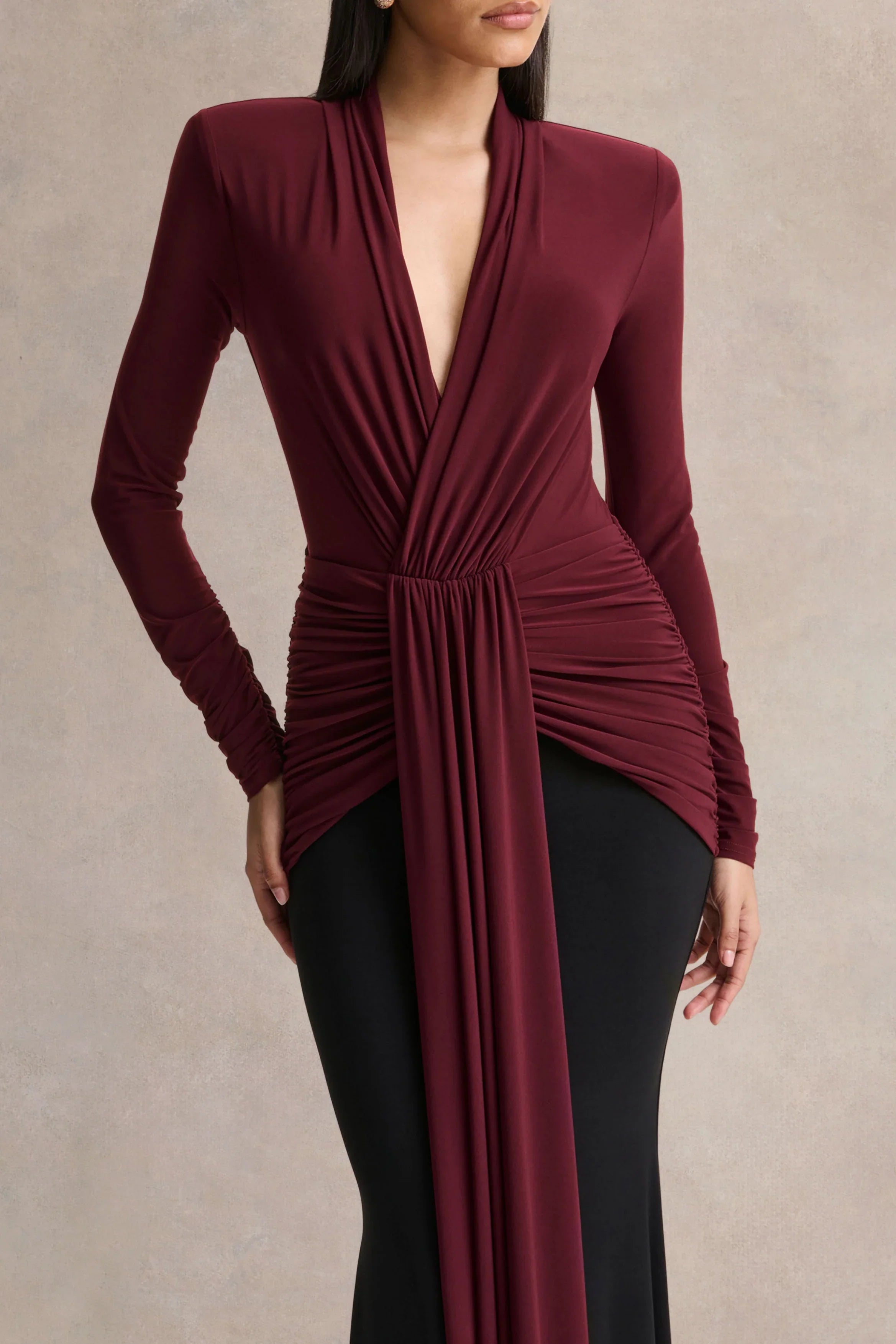 Halston Burgundy And Black Plunge Neck Maxi Dress With Gathered Detailing