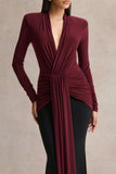 Halston Burgundy And Black Plunge Neck Maxi Dress With Gathered Detailing