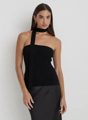 Black Ribbed Knit Bandeau Scarf Top