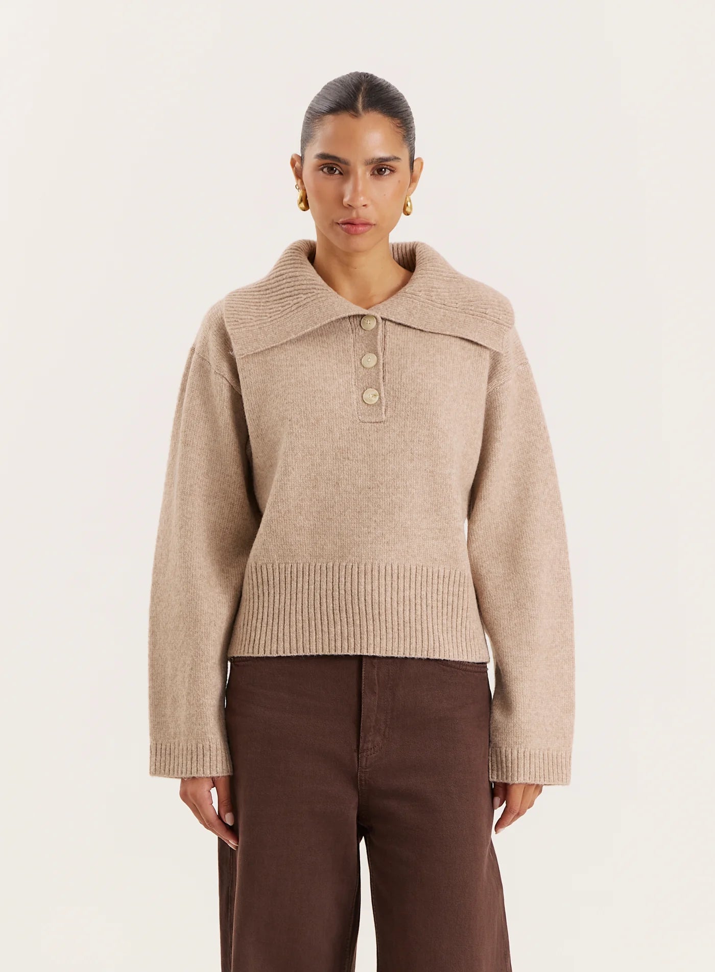 Beige Knitted Buttoned Collar Jumper