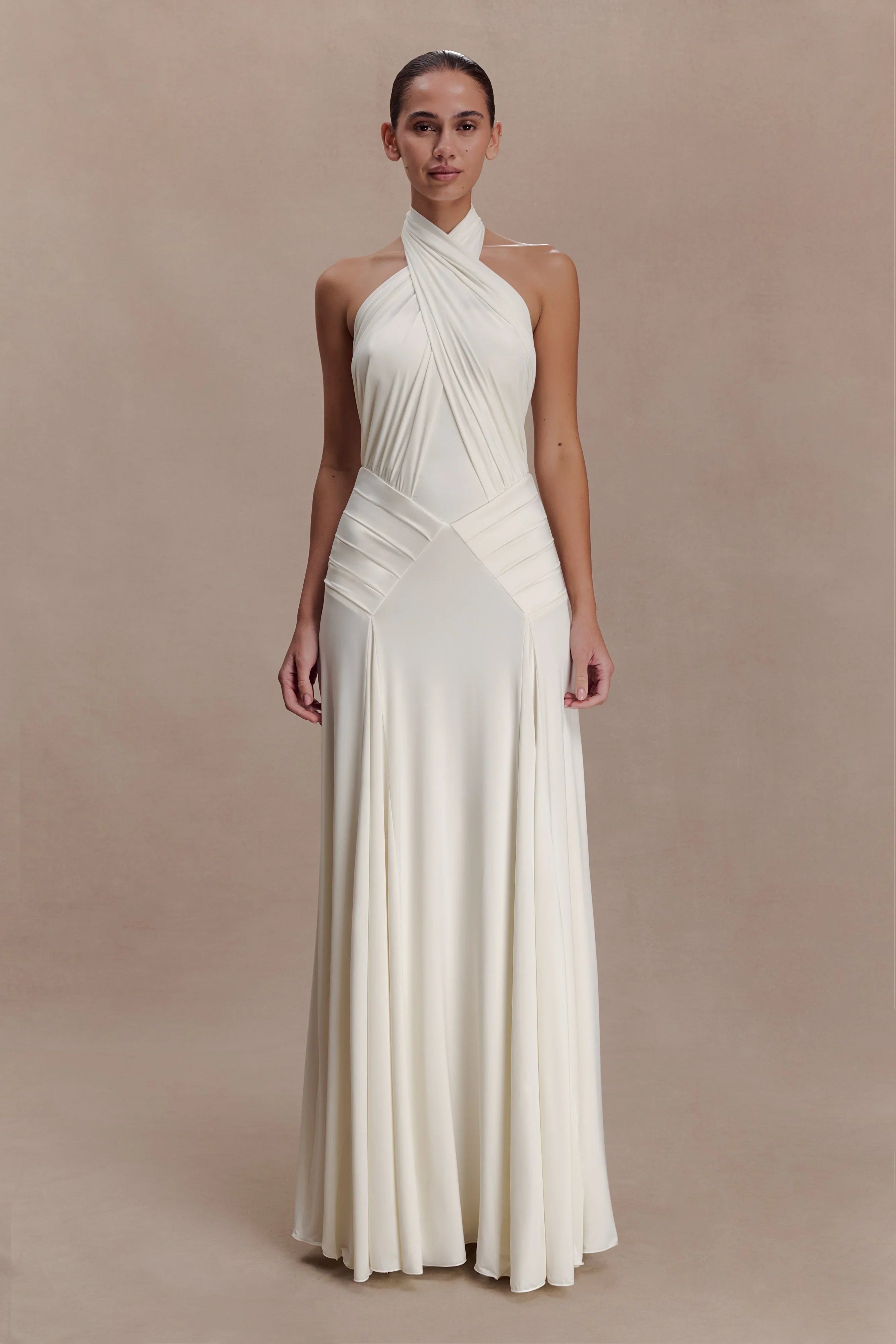 Indira Gathered Slinky Halter Maxi Dress Ivory