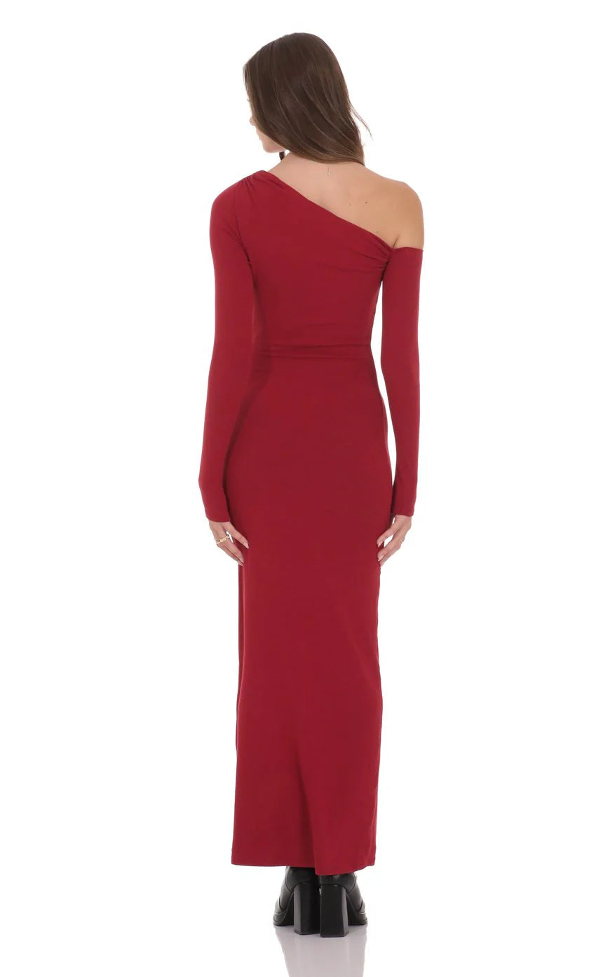 Off Shoulder Long Sleeve Maxi Dress in Red