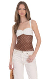 Two Toned Mesh Polka Dot Top in Brown and White
