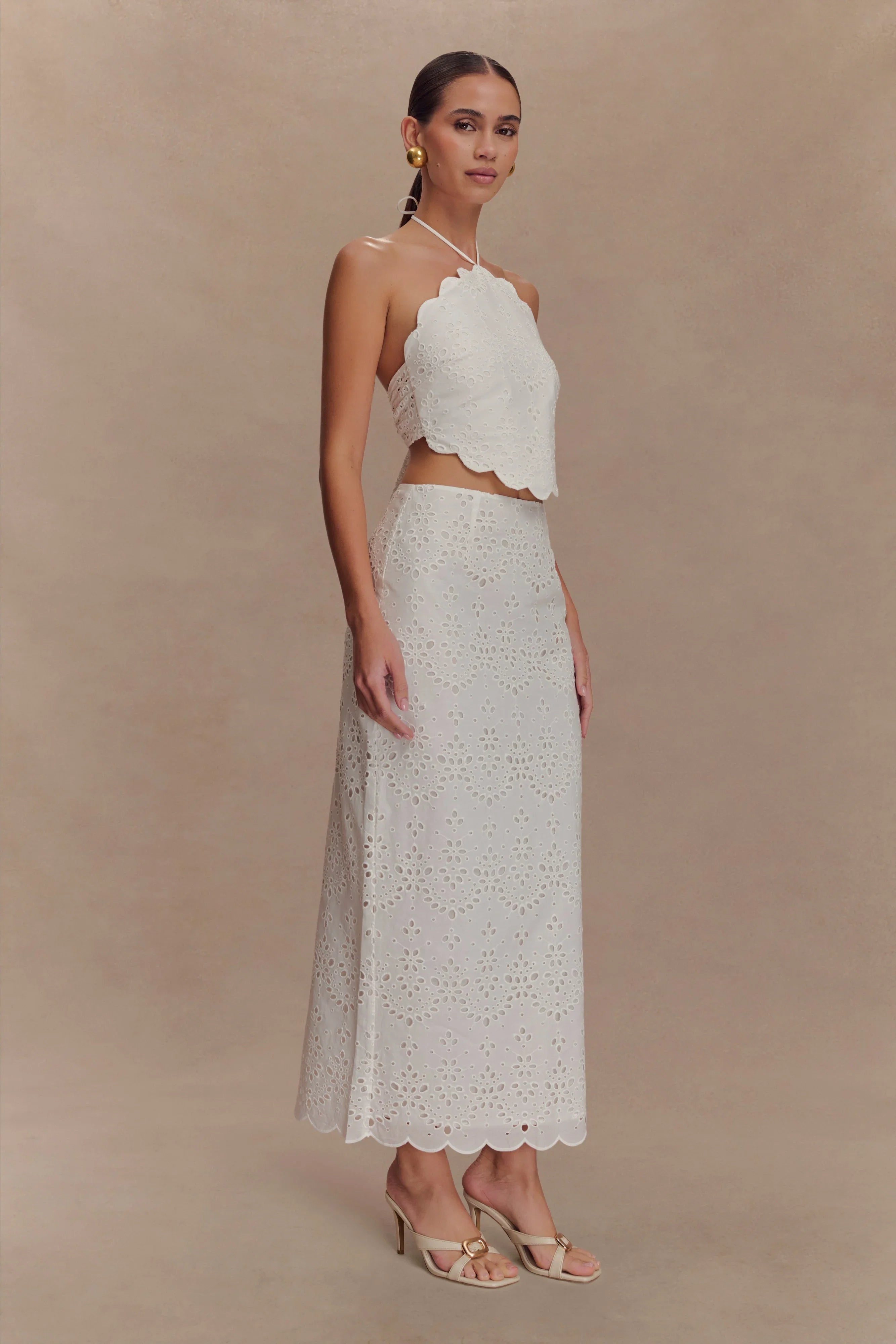 Kensley Broderie Midi Skirt White