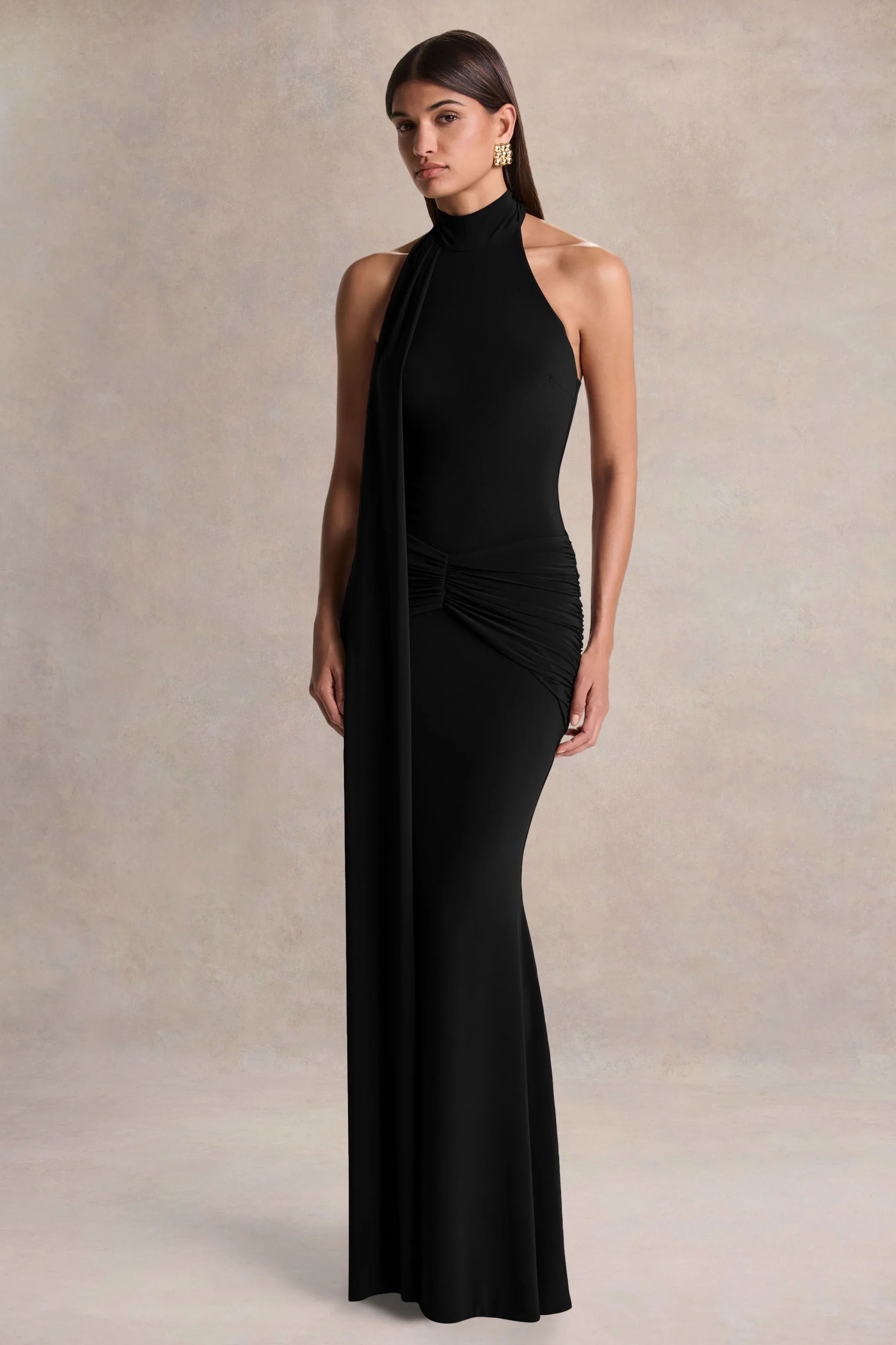 Hyla Black High Neck Maxi Dress With Sash Detail