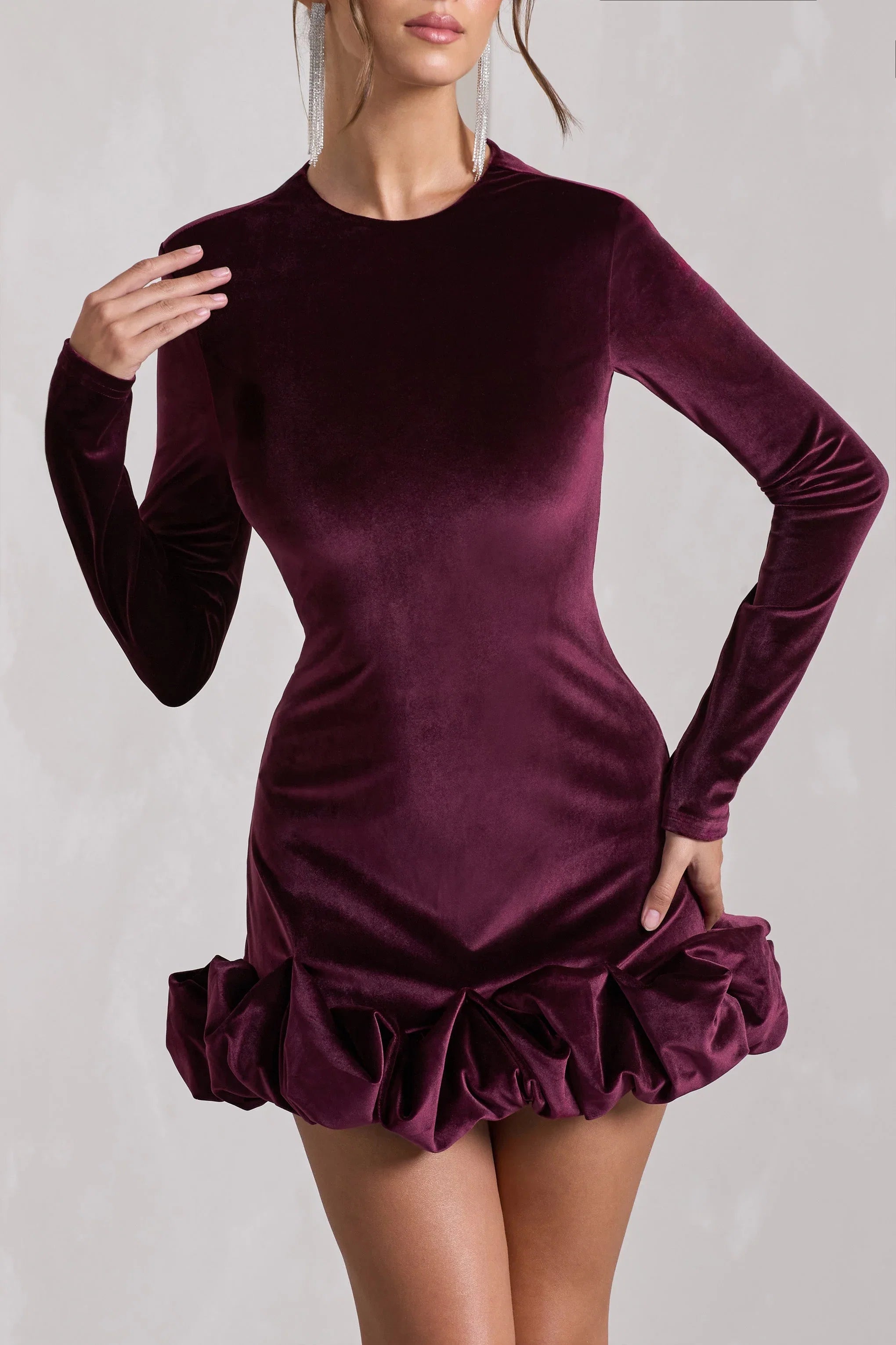 Claudine Port Velvet Long Sleeved Ruffled Mini Dress