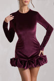 Claudine Port Velvet Long Sleeved Ruffled Mini Dress