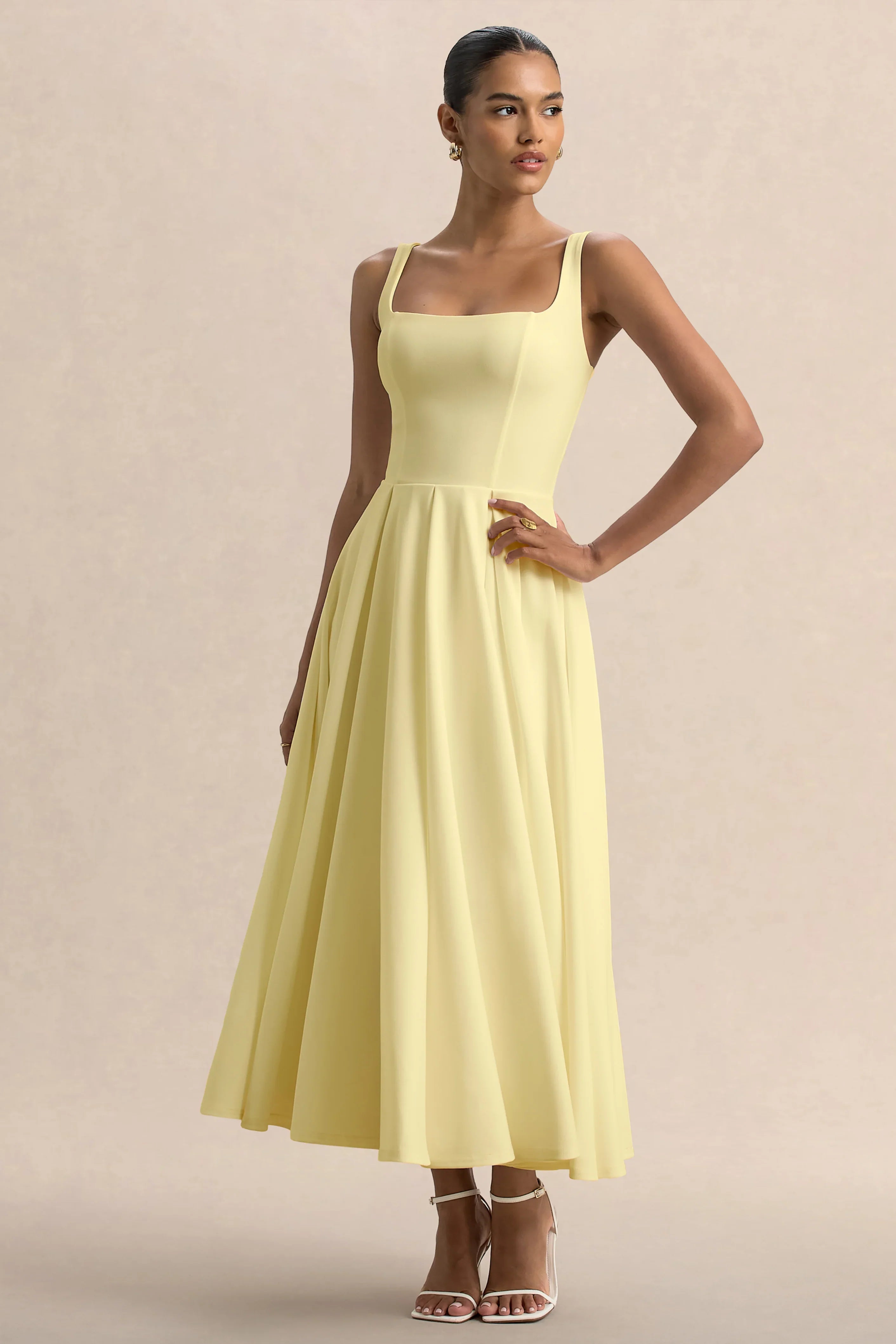 Parina Lemon Strappy Volume Hem Midi Dress