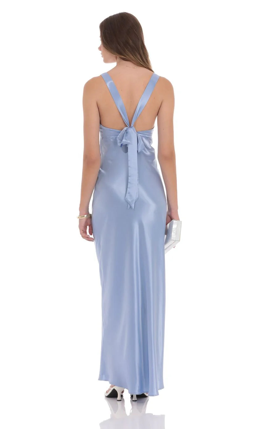 Satin V Neck Maxi Dress in Sky Blue