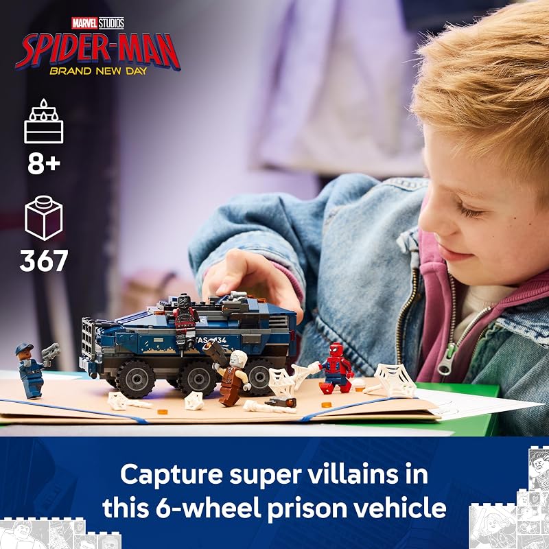 LEGO Marvel Spider Man Prison Transport Chase Super Hero Building Toy for Boys Girls Ages 8 Includes 4 Minifigures Spider Man Toy for Fans Gift for Birthdays 76349