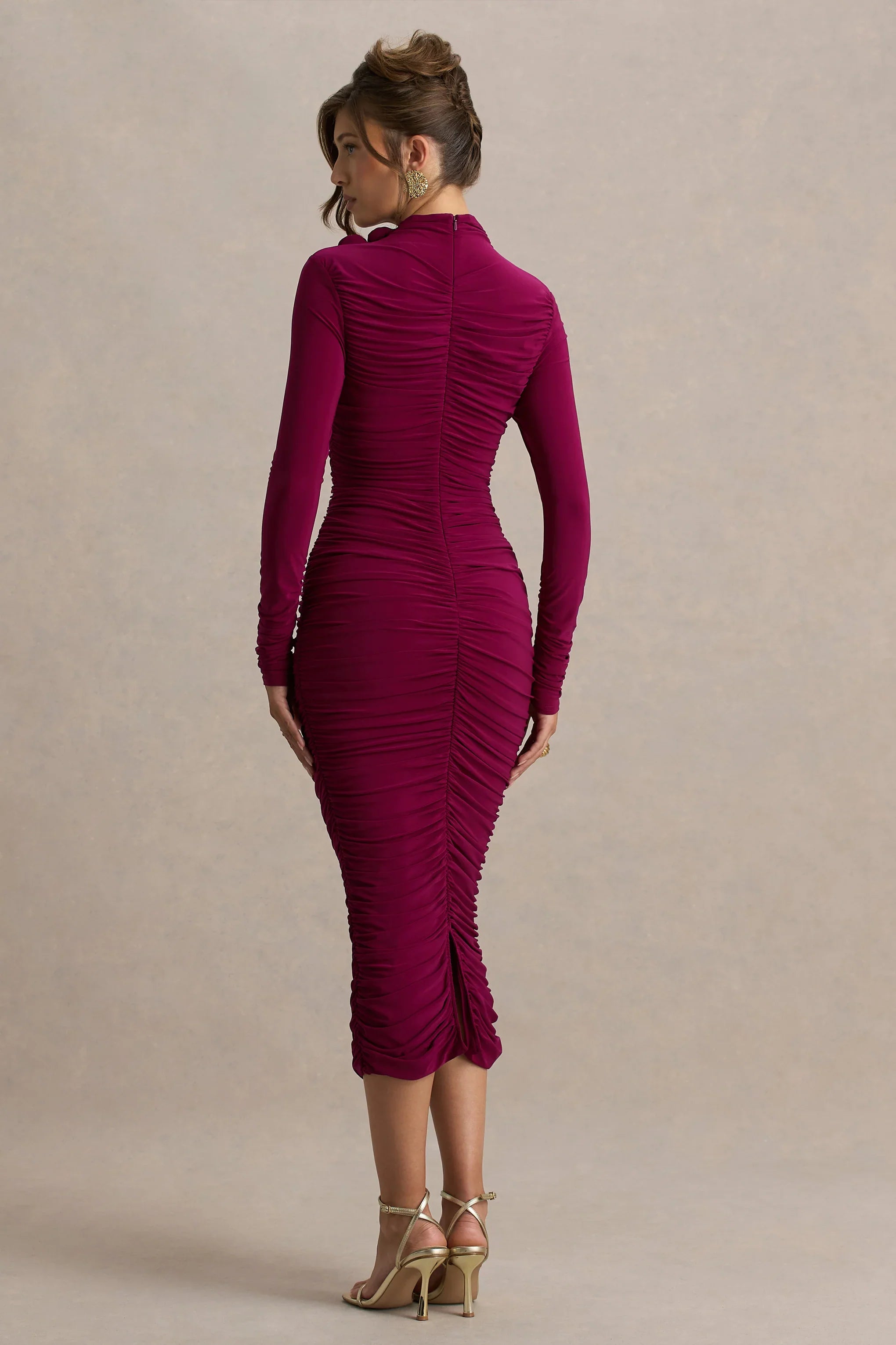 Tamara Burgundy Long Sleeve Ruched Midi Dress